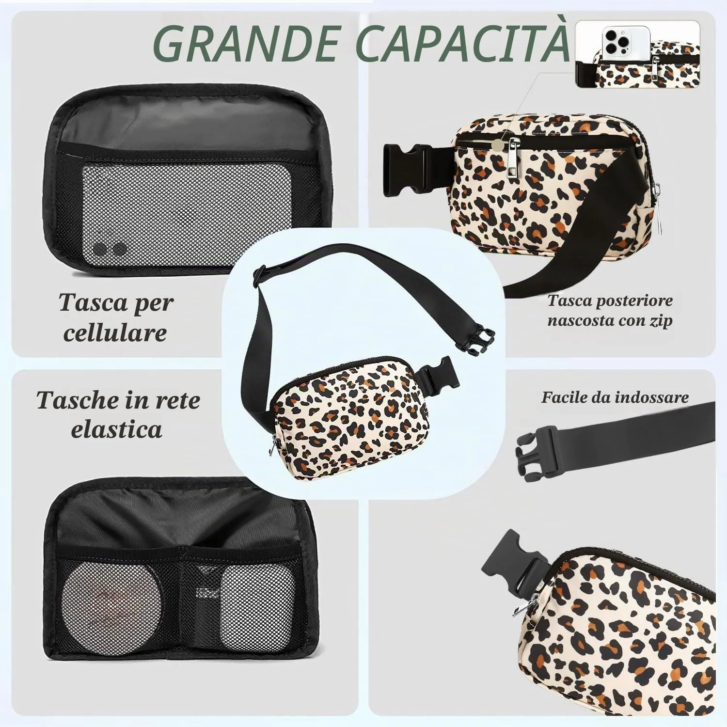 Favuit Mini Marsupio da Donna a Tracolla, Stampa Leopardata, Taglia Unica - immagine 6