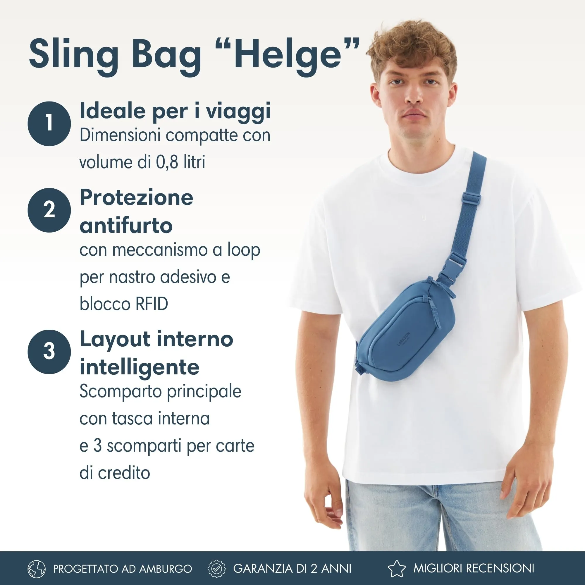 Larkson Helge Marsupio Borsa a Tracolla Blu con Blocco RFID e Passanti Antifurto - immagine 2