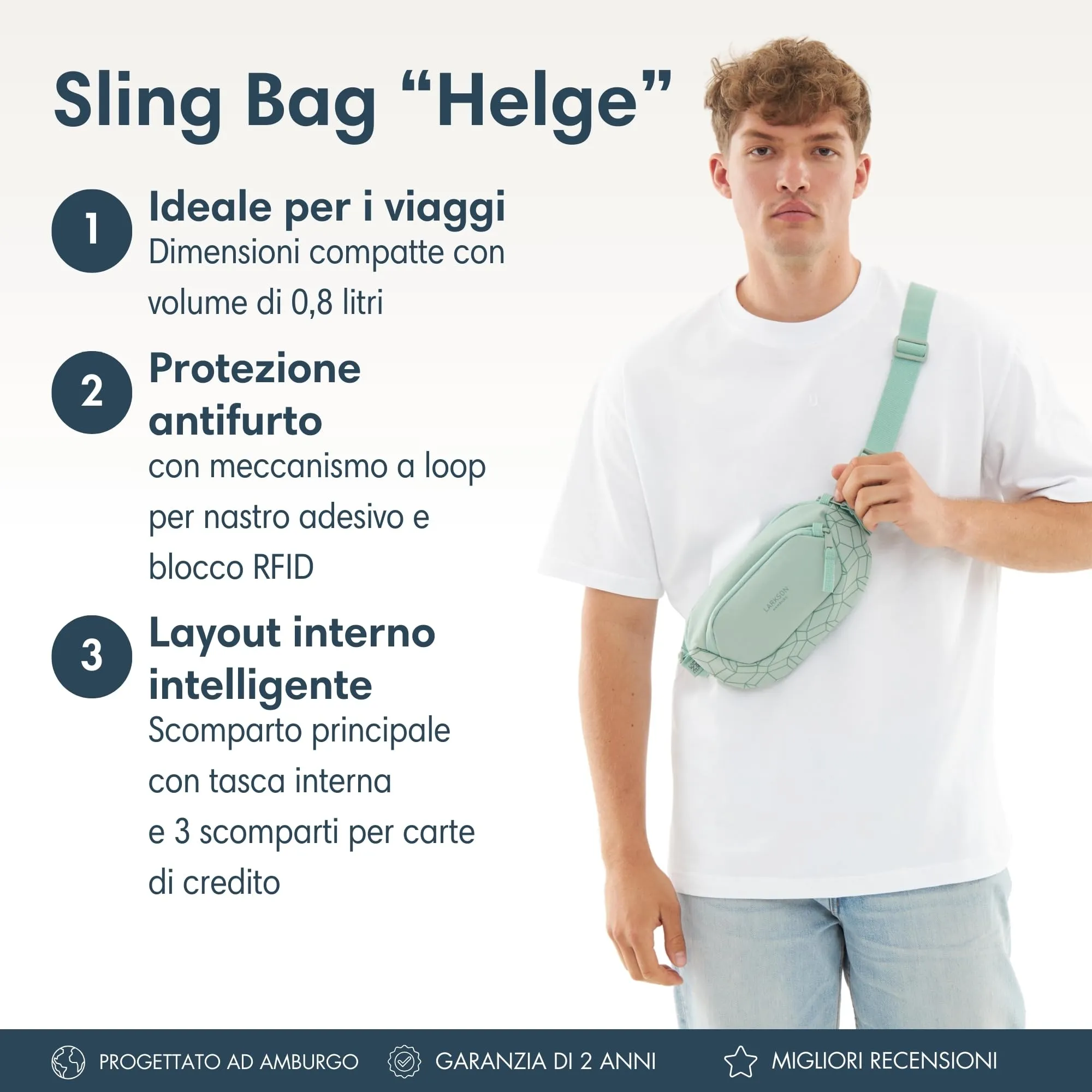 Larkson Helge Marsupio Borsa a Tracolla Menta - Blocco RFID e Passanti Antifurto - Idrorepellente - immagine 2