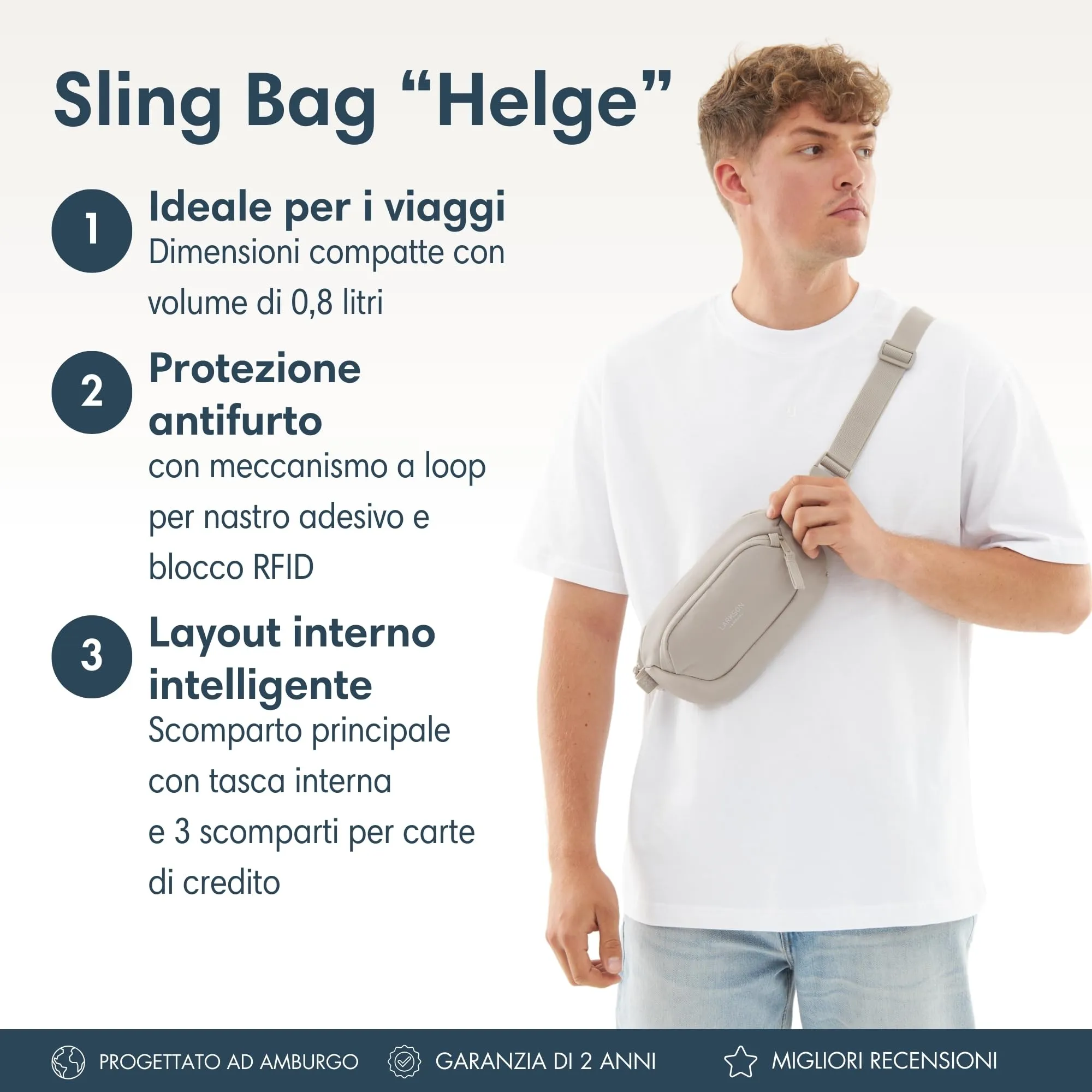 Larkson Helge Borsa da Petto Beige - Marsupio a Tracolla con Blocco RFID e Passanti Antifurto - immagine 2