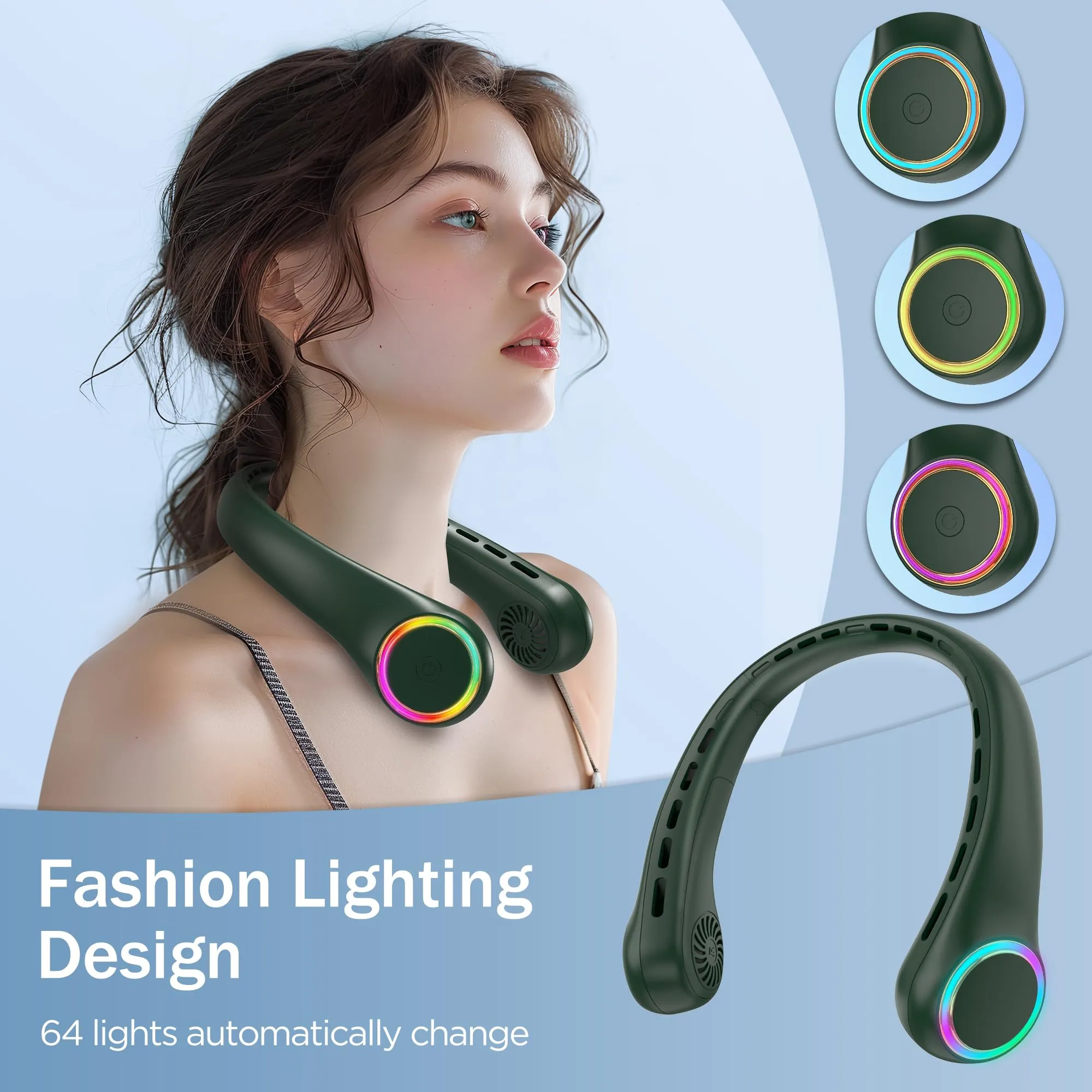 ITSHINY Ventilatore da collo portatile senza pale, 4000 mAh, ricaricabile, luce LED, 3 velocità - immagine 4