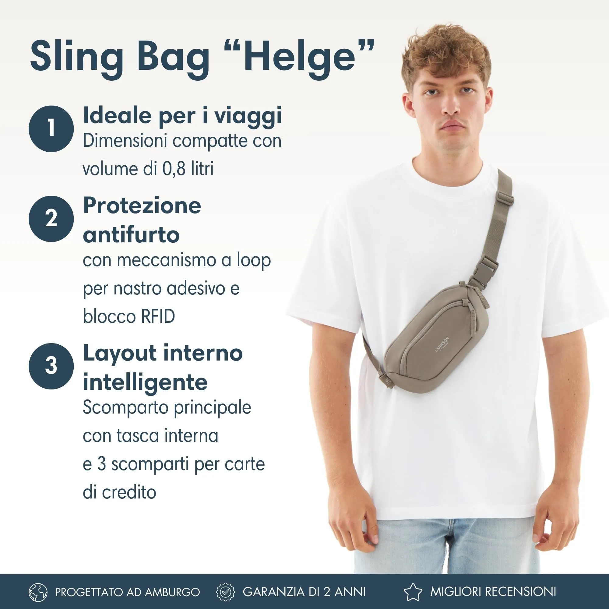 Larkson Helge Marsupio Borsa a Tracolla Grigio con Blocco RFID e Passanti Antifurto - immagine 2