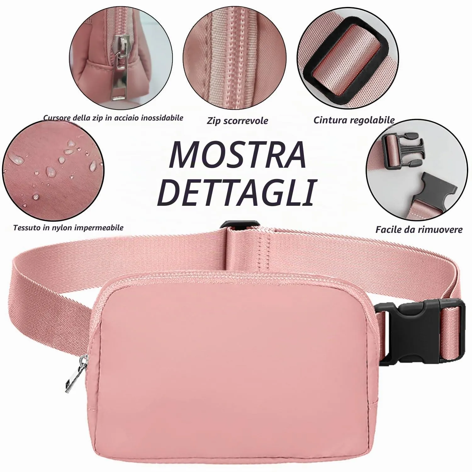 Favuit Marsupio Unisex Sportivo Regolabile, Rosa, Taglia Unica - immagine 5