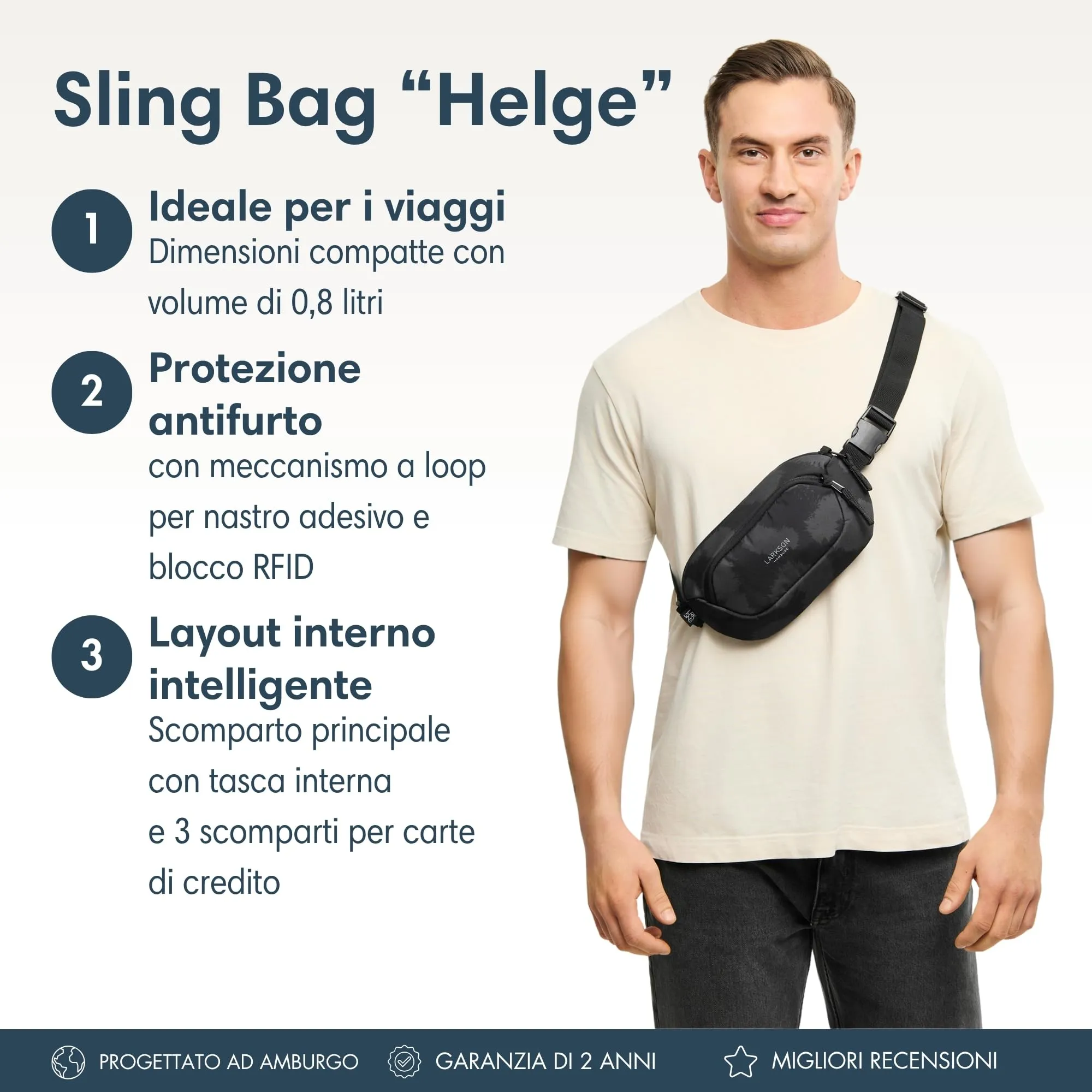 Larkson Helge Marsupio Borsa a Tracolla Grigio Leo con Blocco RFID e Antifurto - immagine 2
