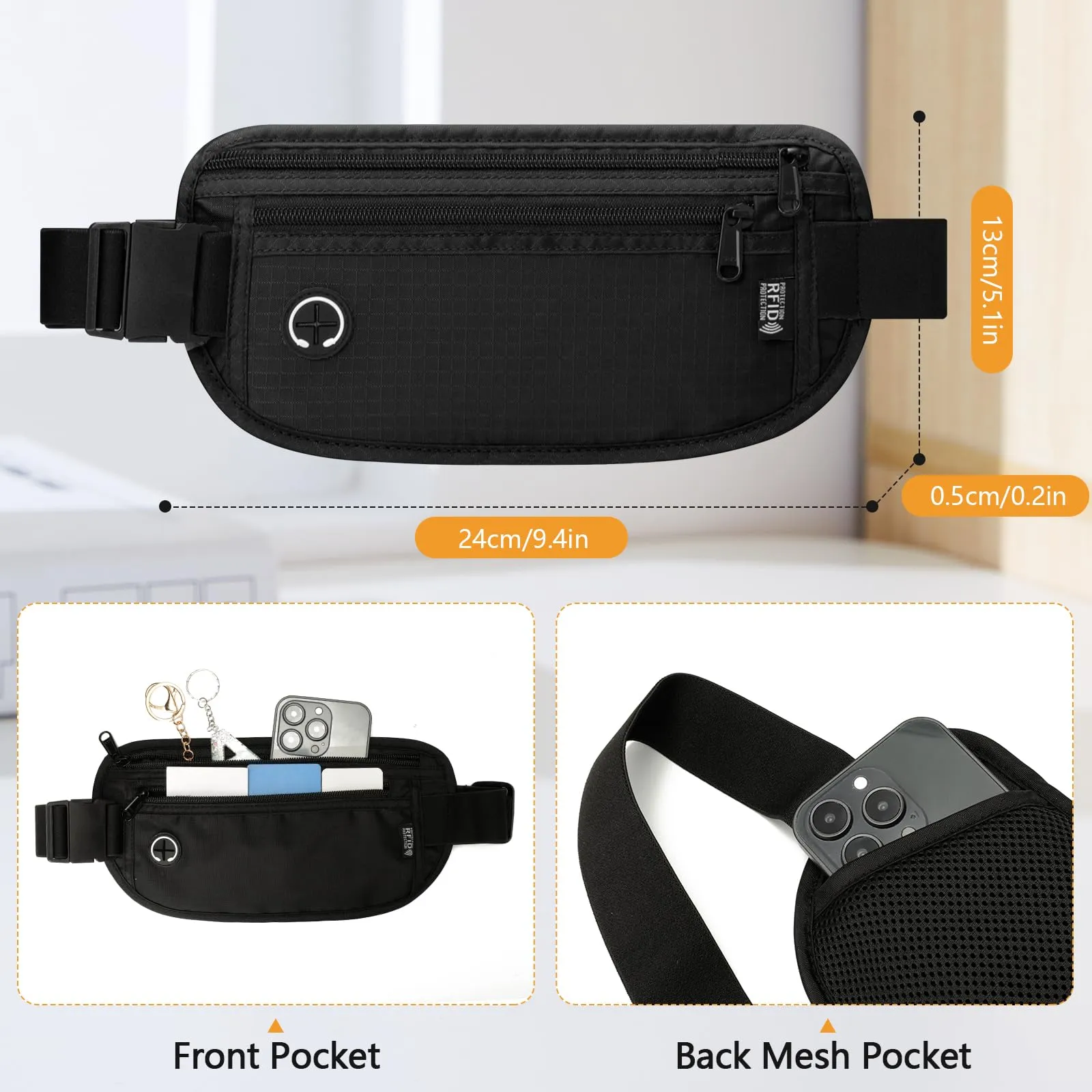 VINATO Marsupio Antifurto RFID Impermeabile, Nero, 24×13 cm - immagine 2
