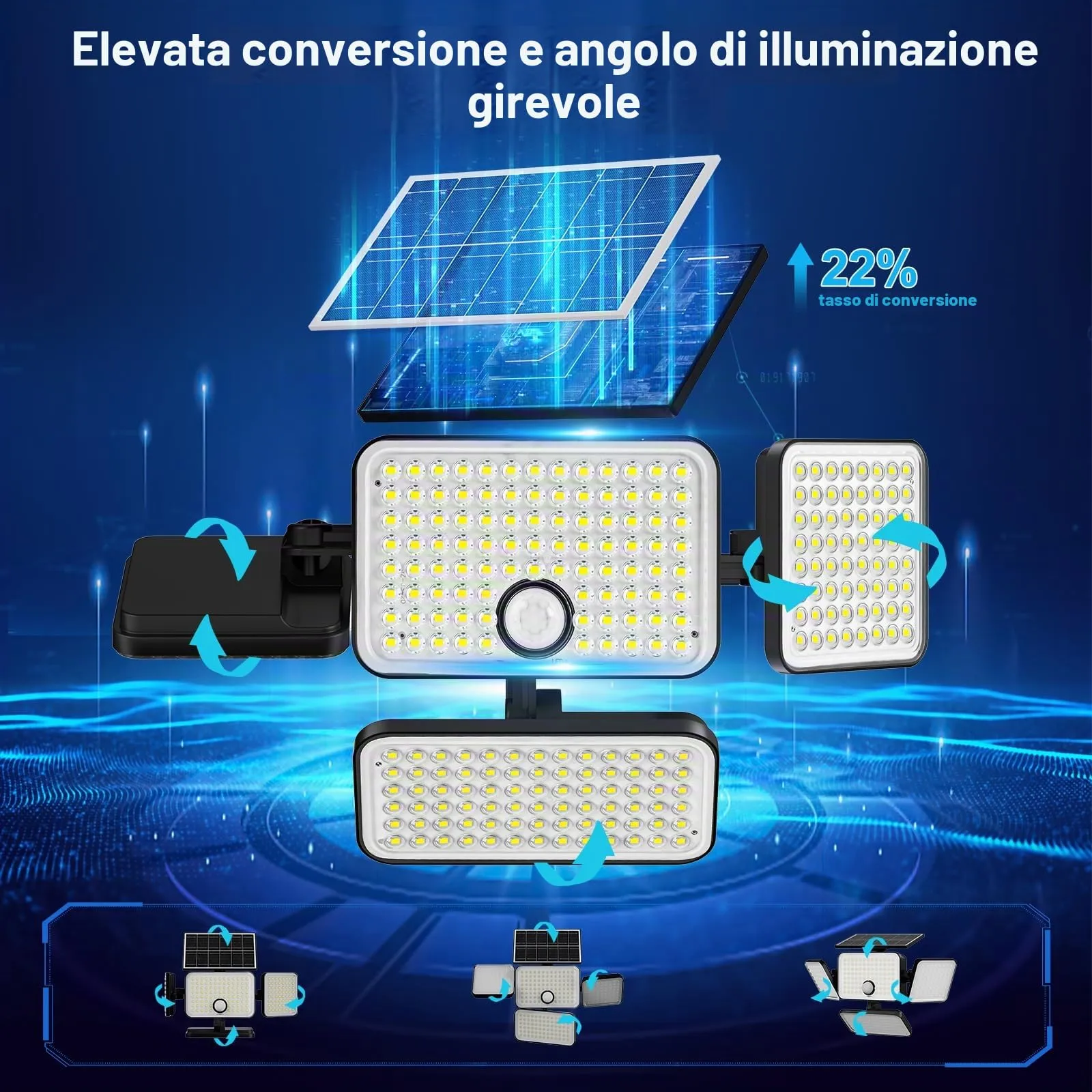 Realky Luce Solare LED Esterno con Sensore di Movimento, 301 LED, 3000mAh, IP65 Impermeabile, 4 Teste, Bianco Freddo - immagine 2