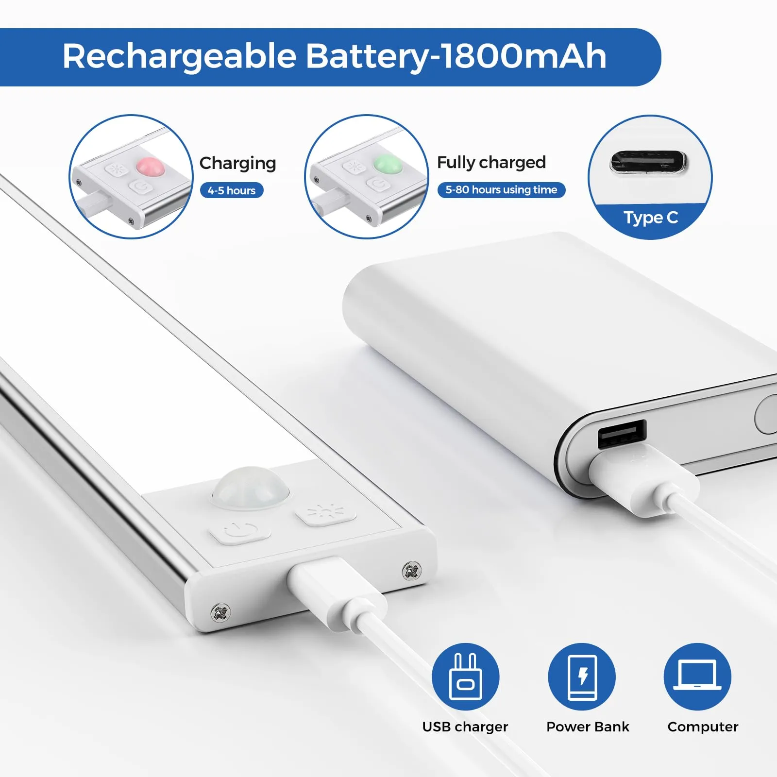 OUILA Luce Armadio LED con Sensore di Movimento, 31cm-2Pcs, Ricaricabile USB-C, 6500K - immagine 4