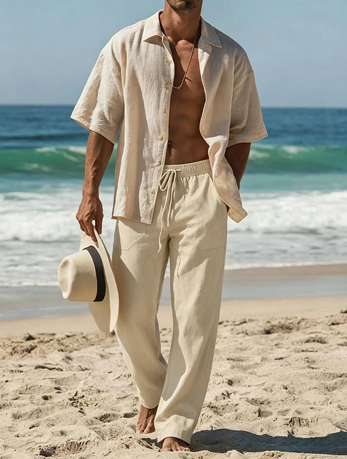 Cegerne Pantaloni in Lino Uomo Vestibilità Ampia con Coulisse, Beige, XL - immagine 2