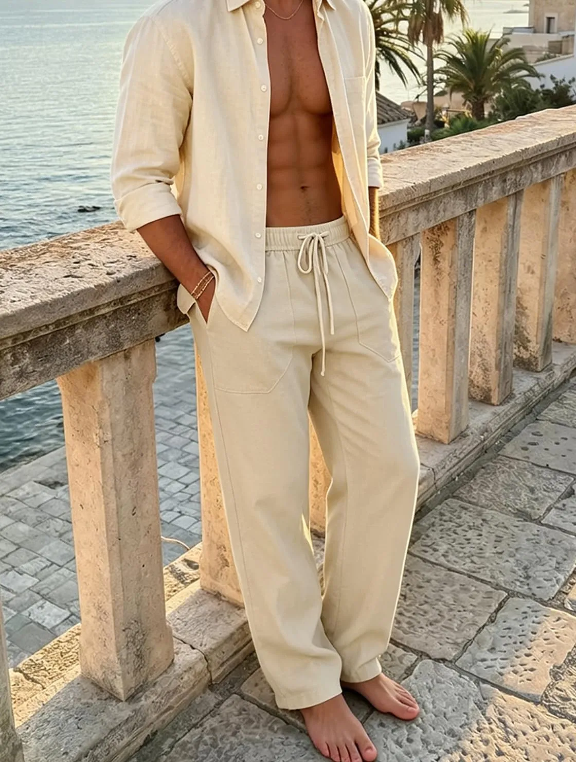 Cegerne Pantaloni in Lino Uomo, Vestibilità Ampia, Casual con Coulisse e Tasche, Beige, M - immagine 4