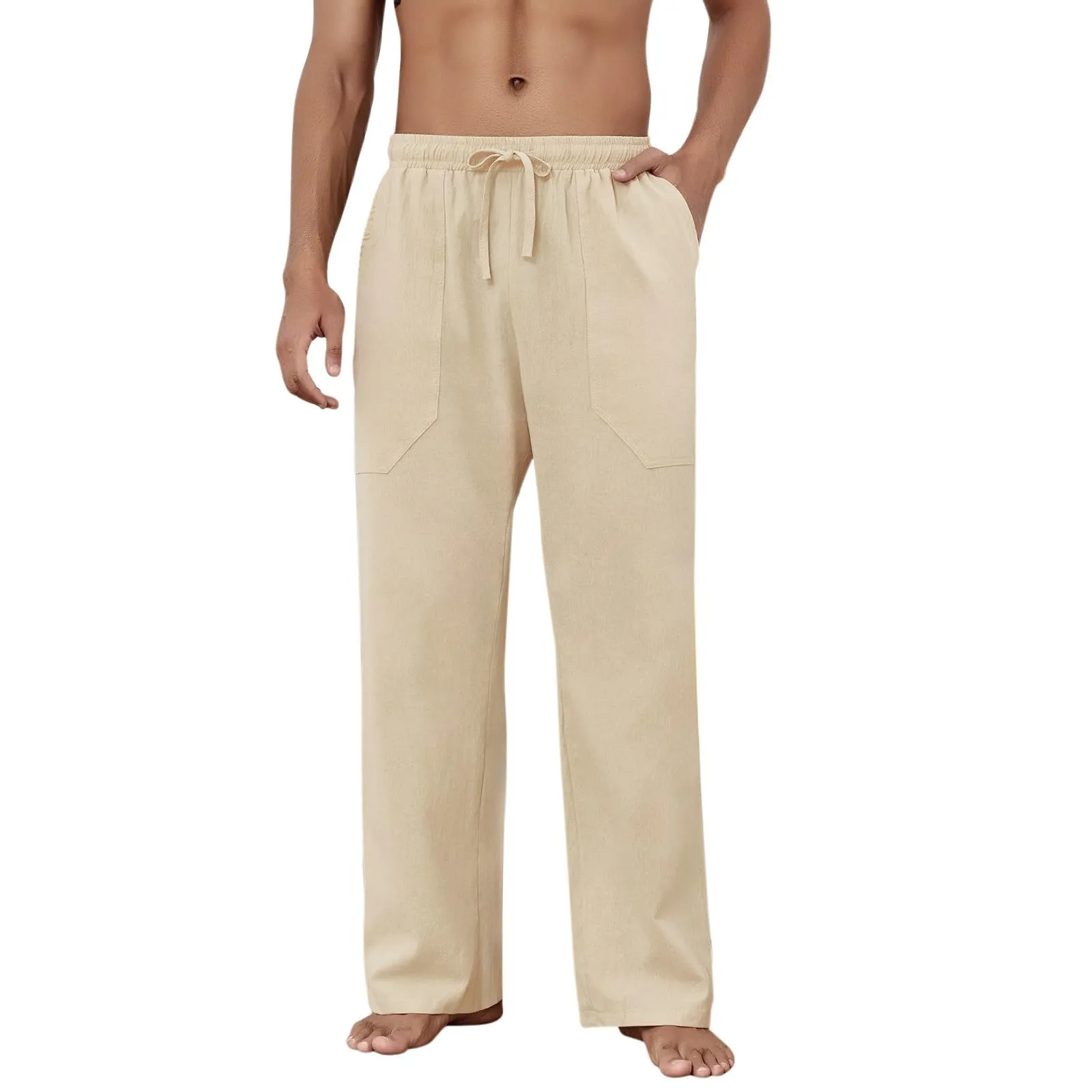 Cegerne Pantaloni in Lino Uomo, Vestibilità Ampia, Casual con Coulisse e Tasche, Beige, M - immagine 5
