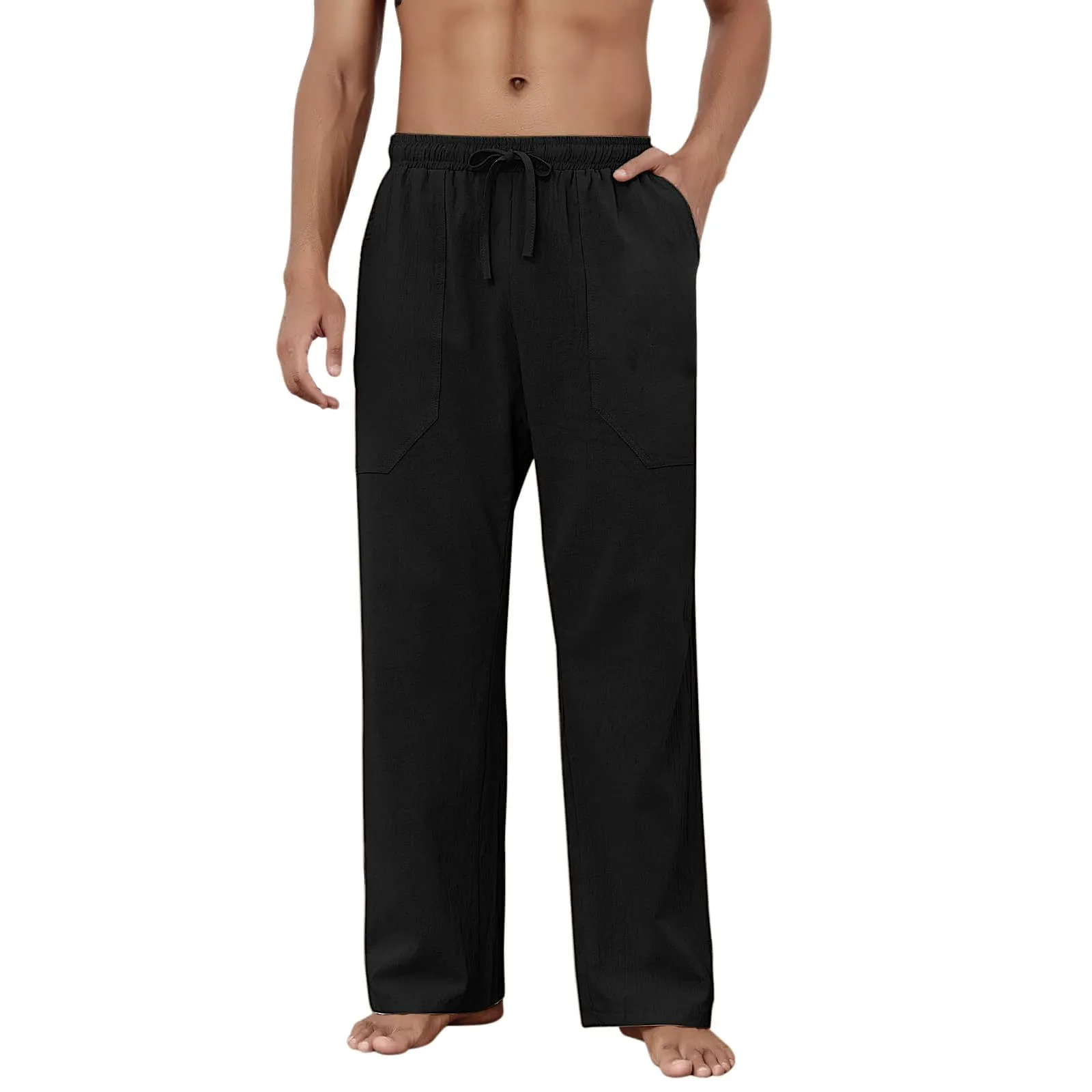 Cegerne Pantaloni in Lino Uomo Vestibilità Ampia con Coulisse, Nero, XL - immagine 5