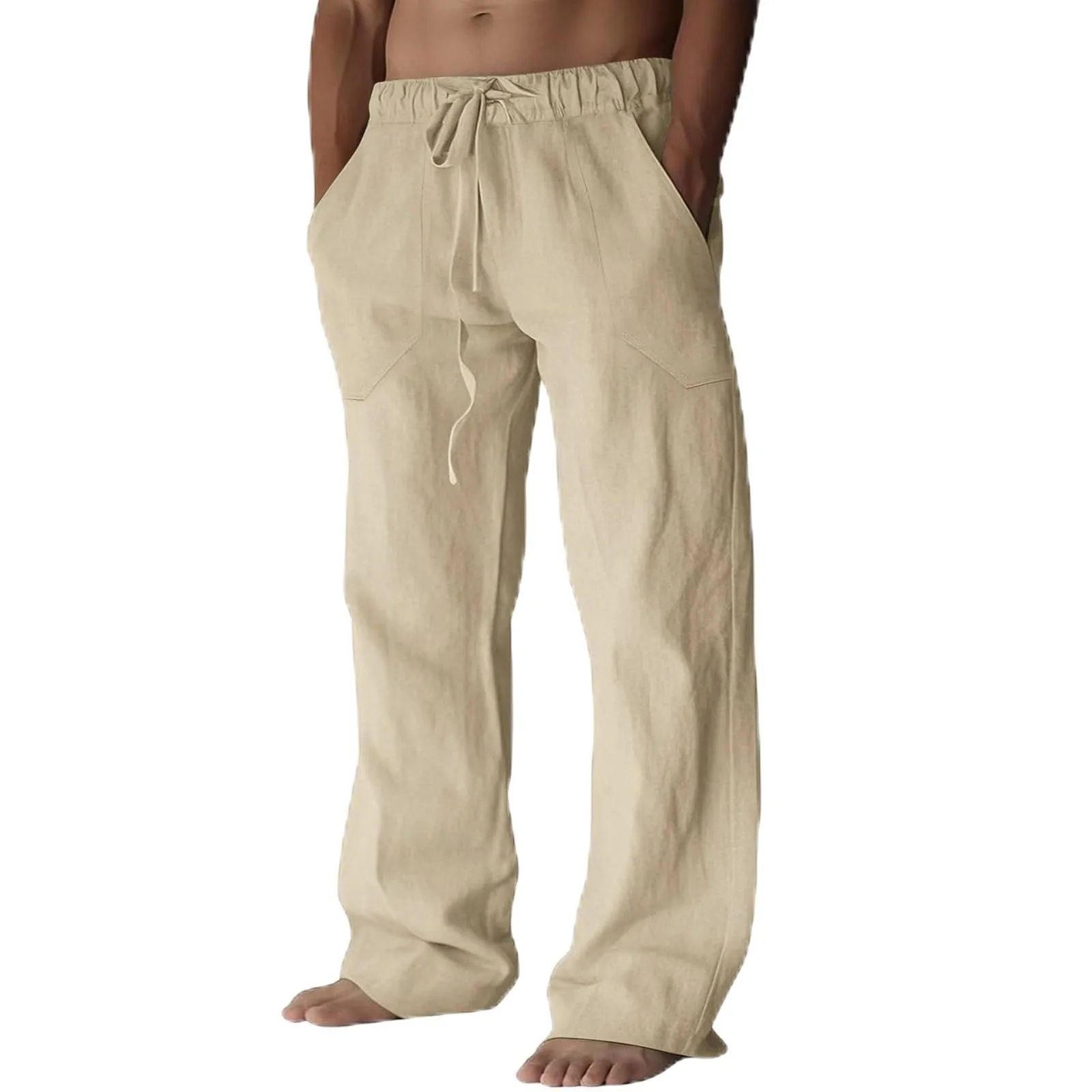 Cegerne Pantaloni in Lino Uomo a Gamba Larga con Coulisse, Beige, L - immagine 1