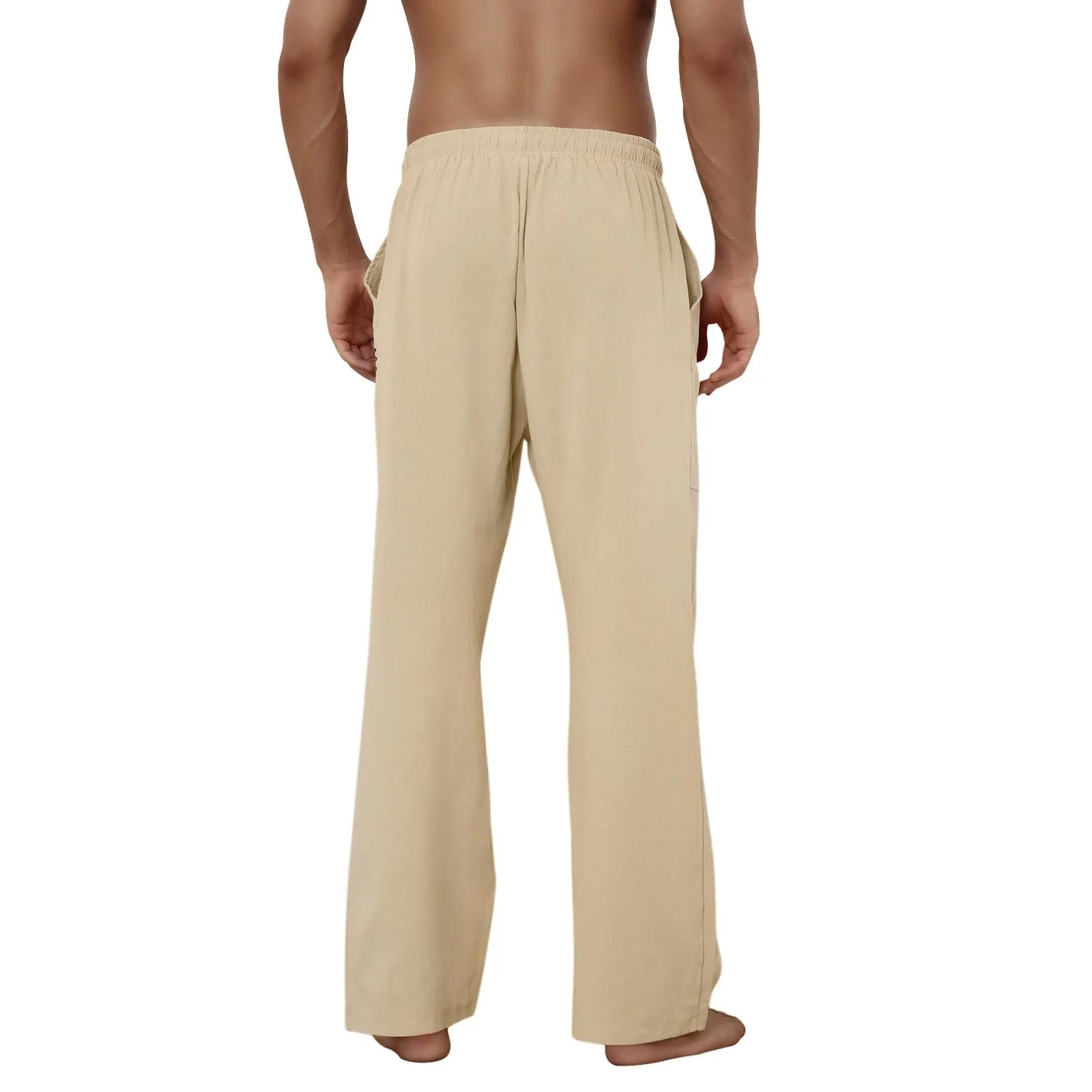 Cegerne Pantaloni in Lino Uomo a Gamba Larga con Coulisse, Beige, L - immagine 6