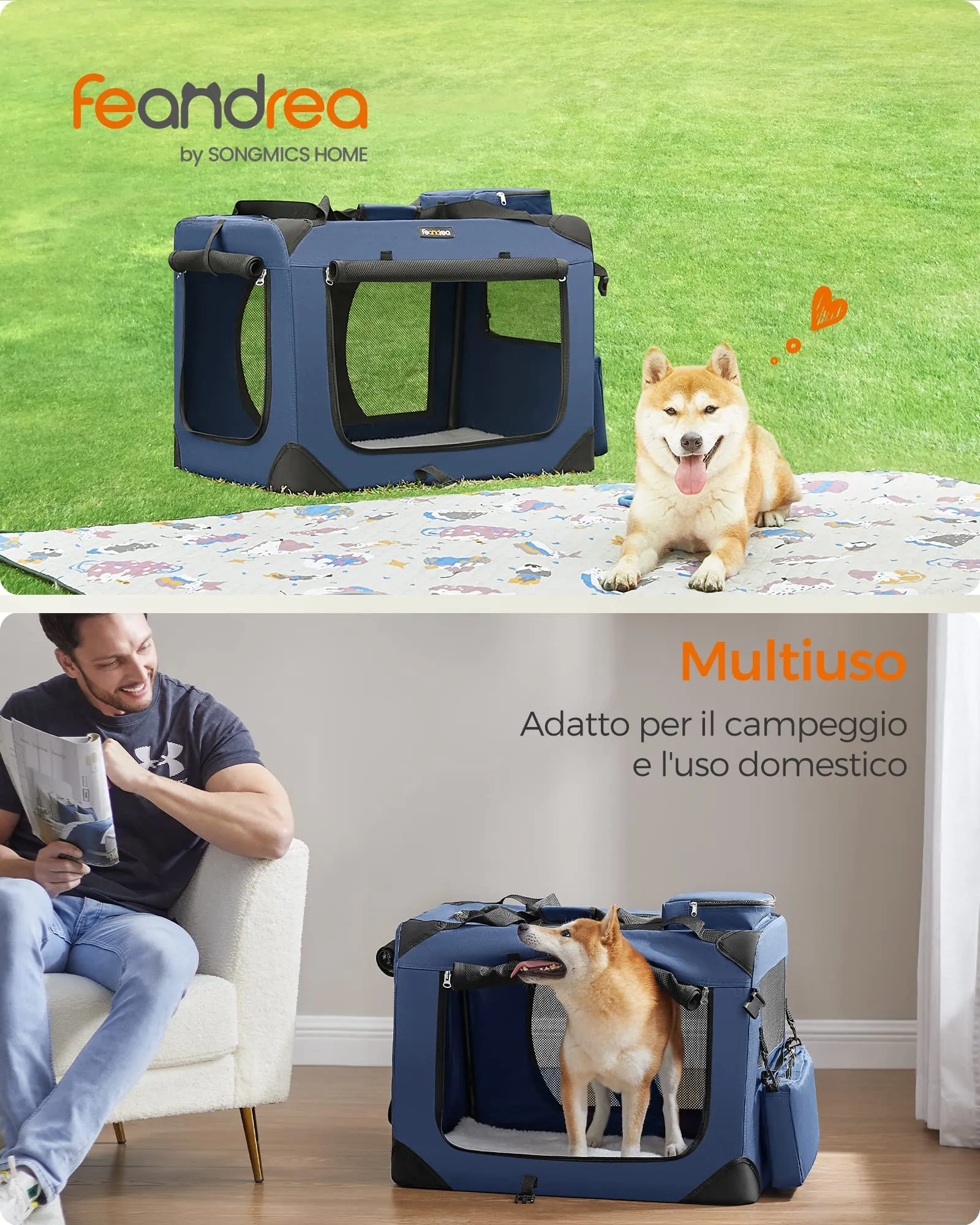 Feandrea Trasportino per Cane, Gabbia Pieghevole, L (70 x 52 x 52 cm), Blu Scuro PDC70Z - immagine 3