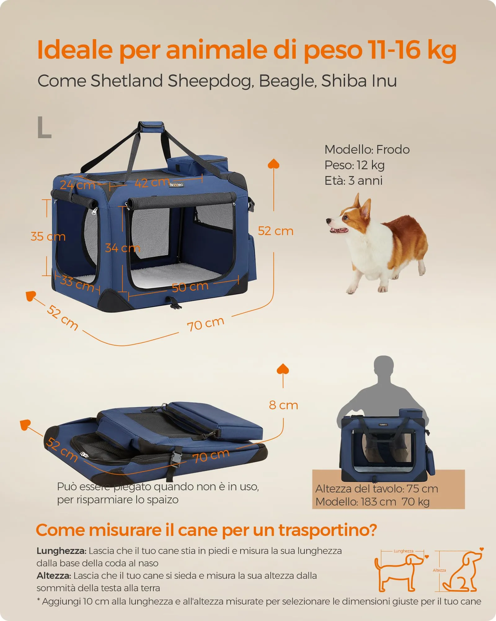 Feandrea Trasportino per Cane, Gabbia Pieghevole, L (70 x 52 x 52 cm), Blu Scuro PDC70Z - immagine 5