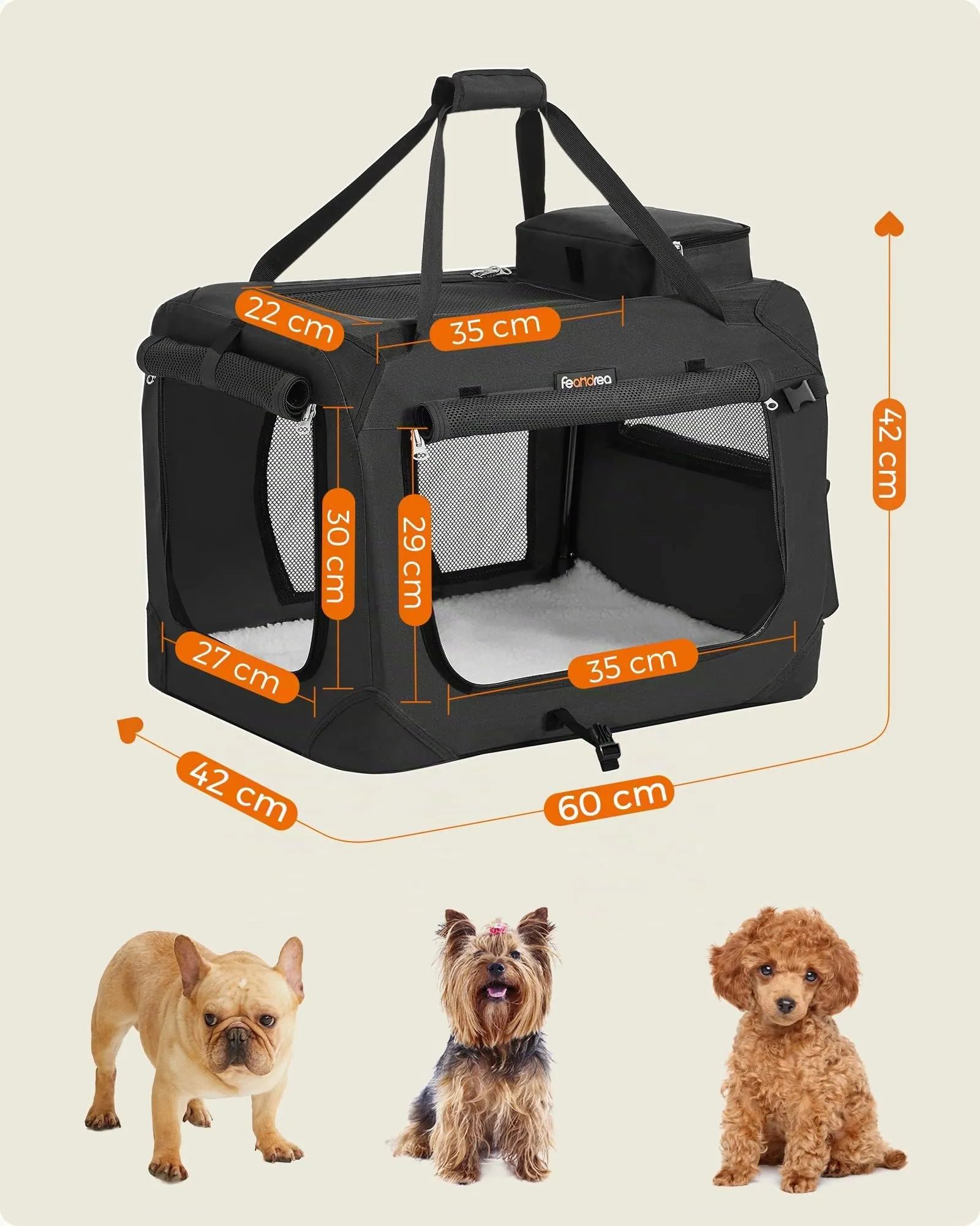 Feandrea Trasportino per Cani Pieghevole, Taglia M, 60 x 42 x 42 cm, Nero - immagine 4