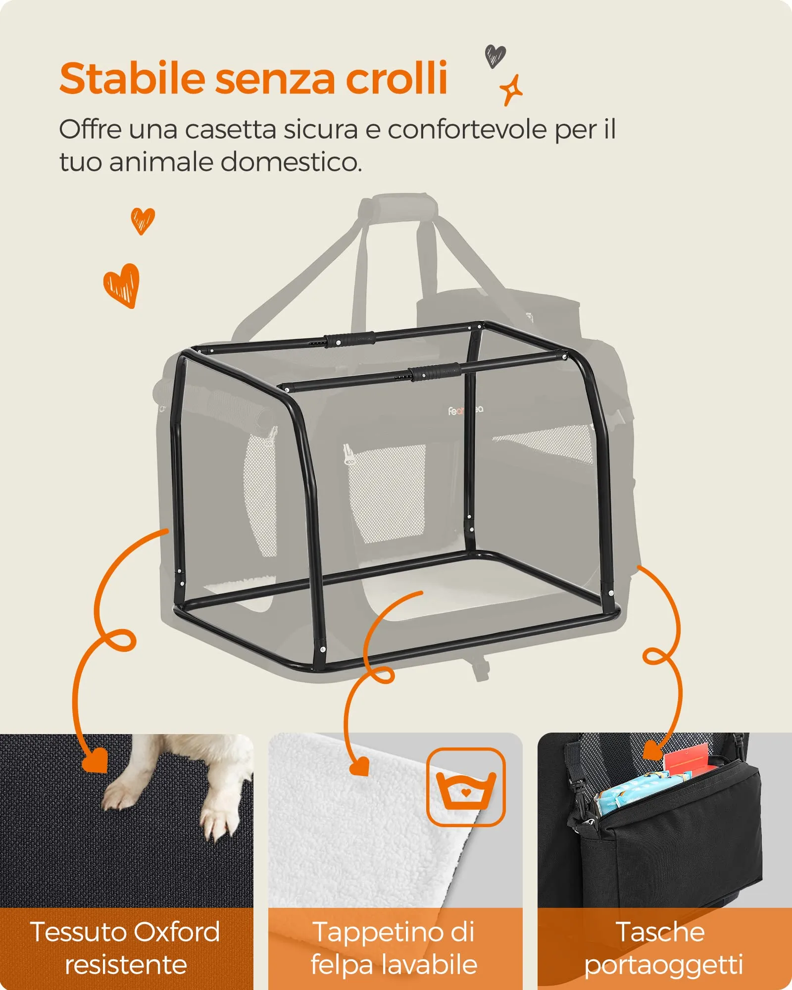 Feandrea Trasportino per Cani Pieghevole, Taglia M, 60 x 42 x 42 cm, Nero - immagine 6