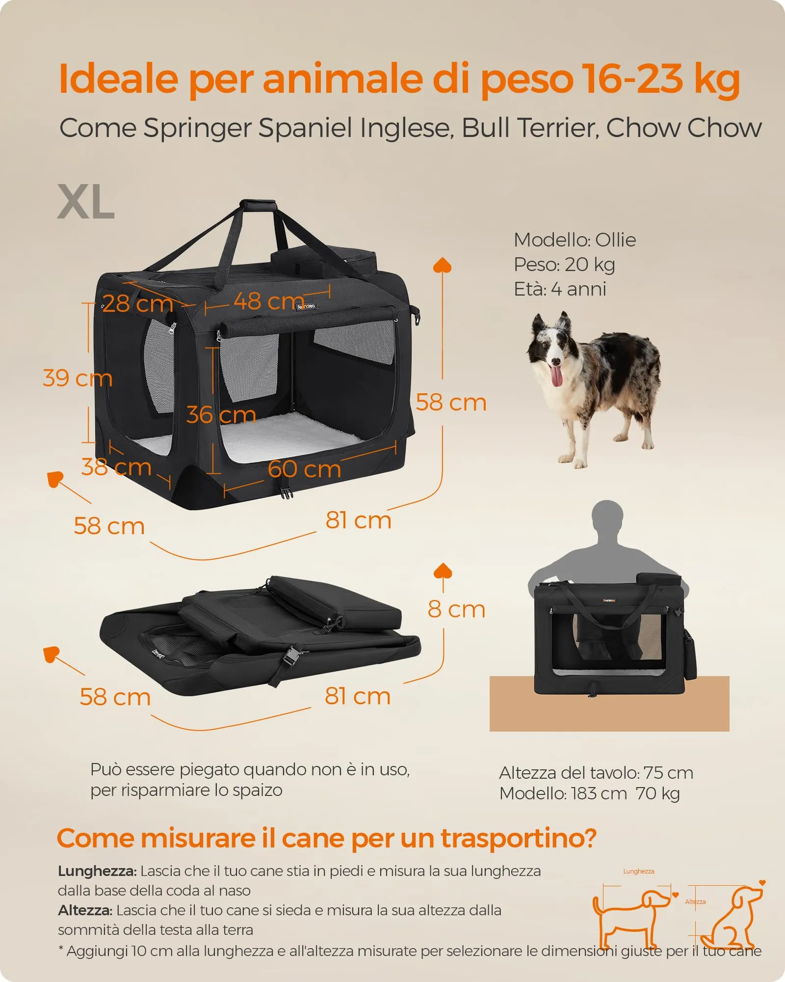 Feandrea Trasportino per Cani Pieghevole, Taglia XL, 81 x 58 x 58 cm, Nero PDC80H - immagine 6
