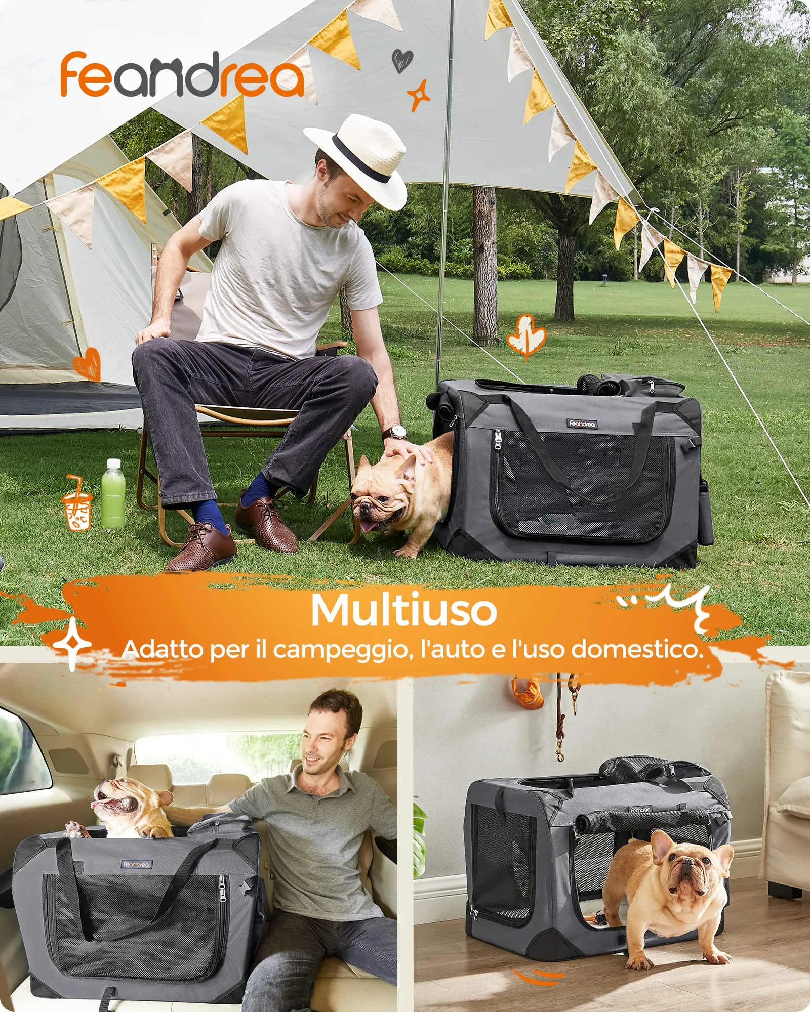 Feandrea Trasportino per Cani, Gabbia Pieghevole, Taglia M, 60 x 42 x 42 cm - immagine 2