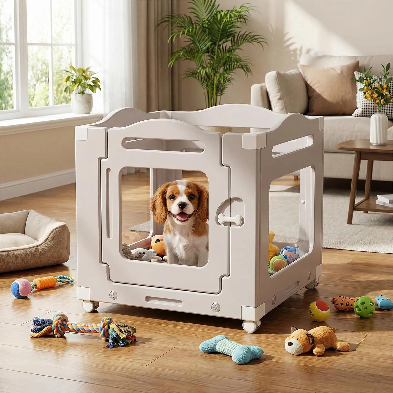 MAMIZO Recinto per Cani in Acrilico 63 × 68 cm, Box per Cuccioli con Ruote - immagine 1
