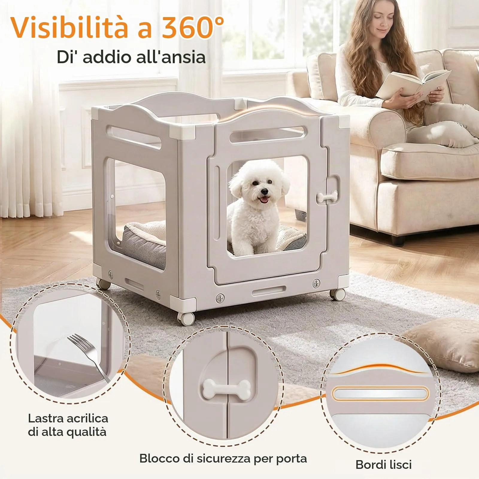 MAMIZO Recinto per Cani in Acrilico 63 × 68 cm, Box per Cuccioli con Ruote - immagine 4