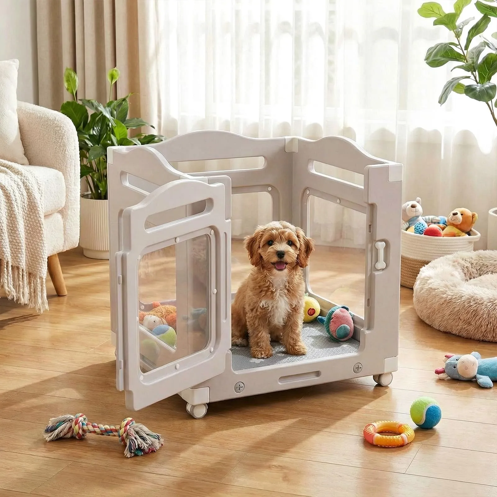 MAMIZO Recinto per Cani in Acrilico 63 × 68 cm, Box per Cuccioli con Ruote - immagine 9