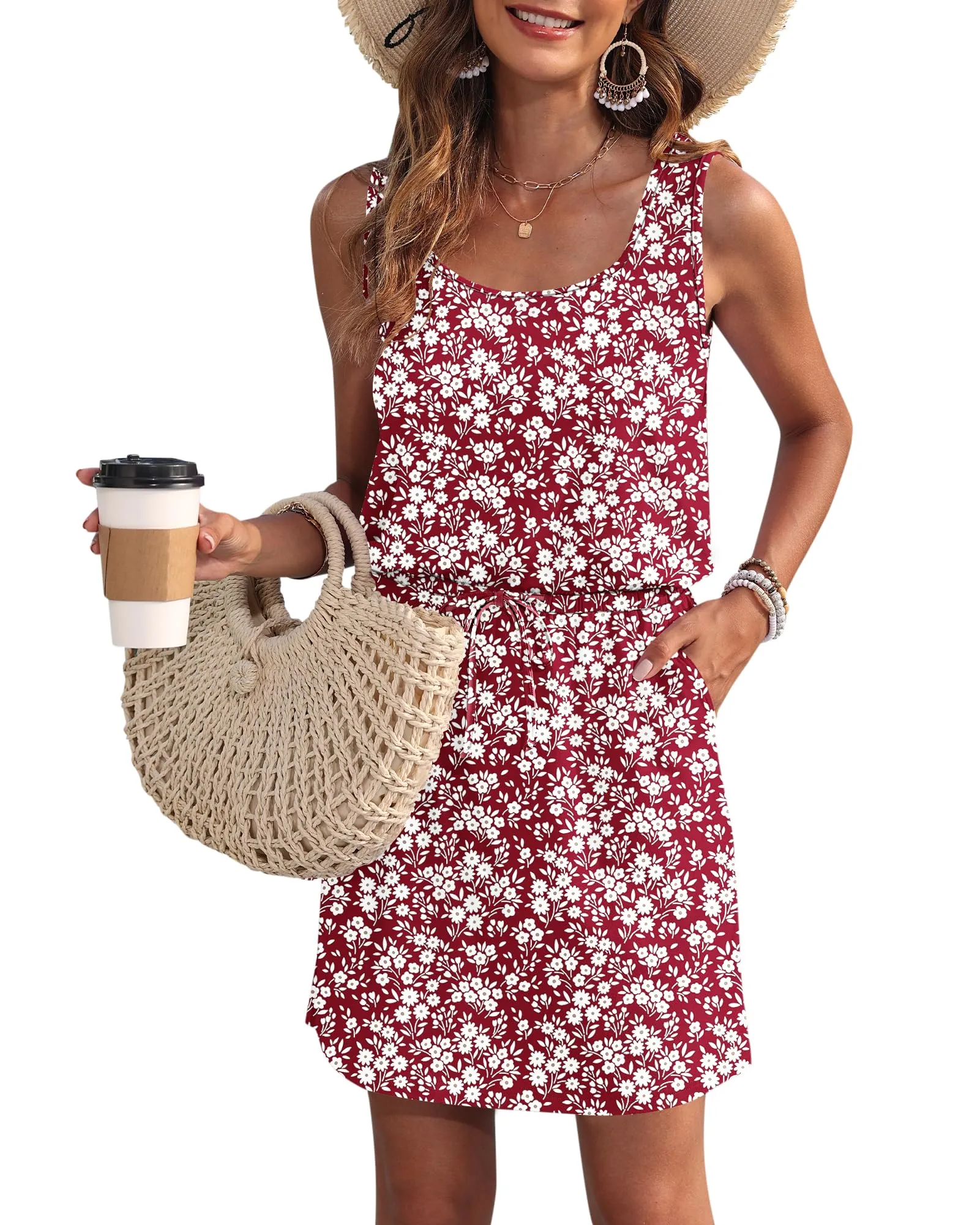 WNEEDU Abito Estivo da Donna Senza Maniche con Coulisse e Tasche - immagine 1
