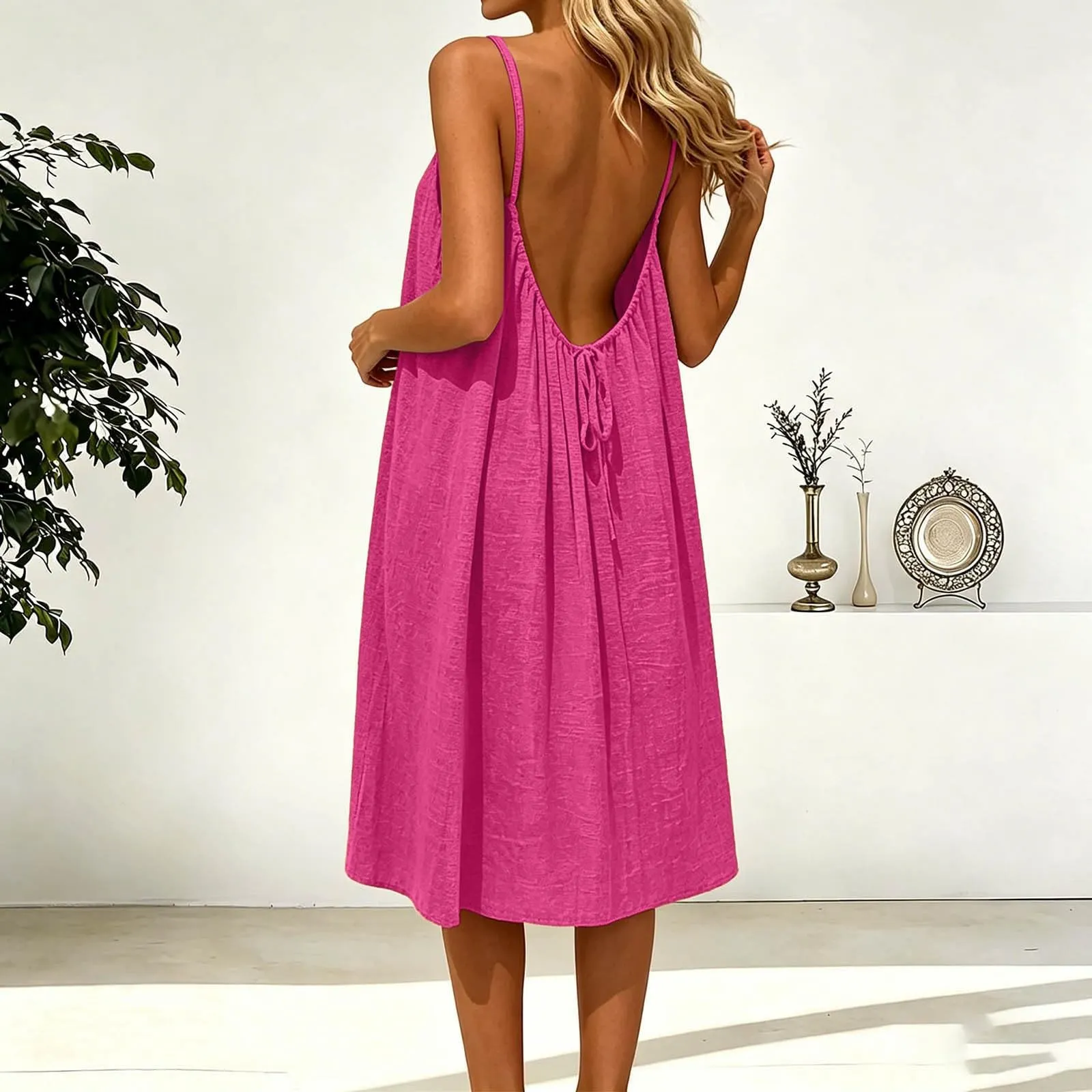 Generico Vestito Lungo Estivo Donna Senza Maniche, Rosa Caldo - immagine 2