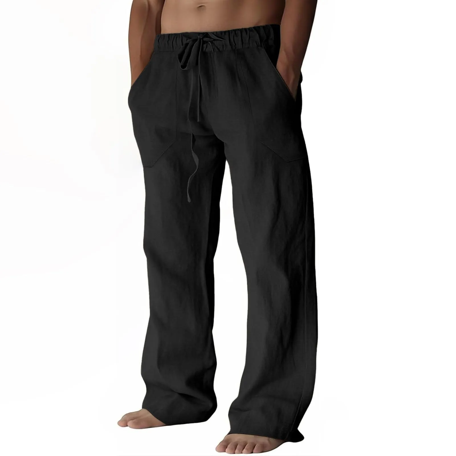 Cegerne Pantaloni in Lino Uomo Vestibilità Ampia con Coulisse e Tasche, Nero, L - immagine 1