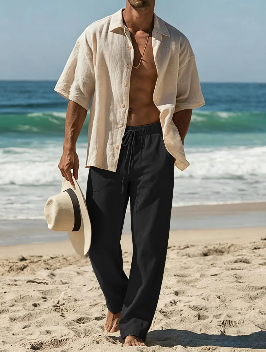 Cegerne Pantaloni in Lino Uomo, Vestibilità Ampia, Nero, M - immagine 2
