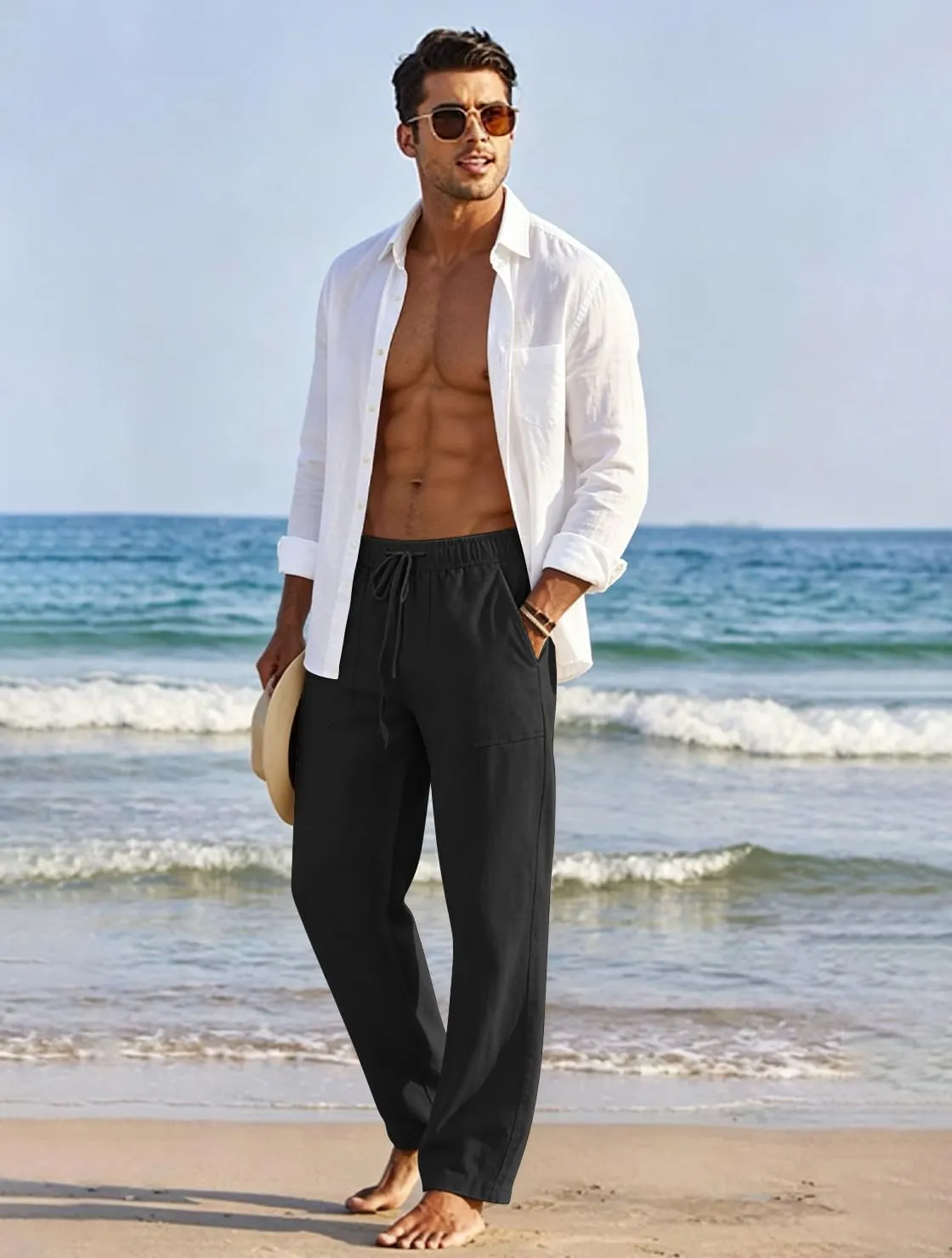 Cegerne Pantaloni in Lino Uomo, Vestibilità Ampia, Nero, M - immagine 3
