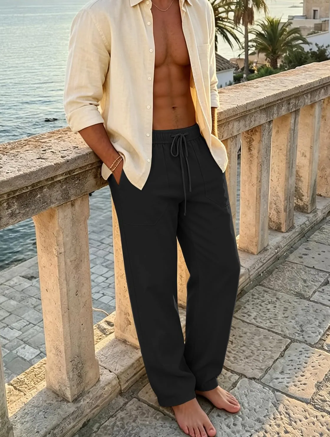 Cegerne Pantaloni in Lino Uomo, Vestibilità Ampia, Nero, M - immagine 4
