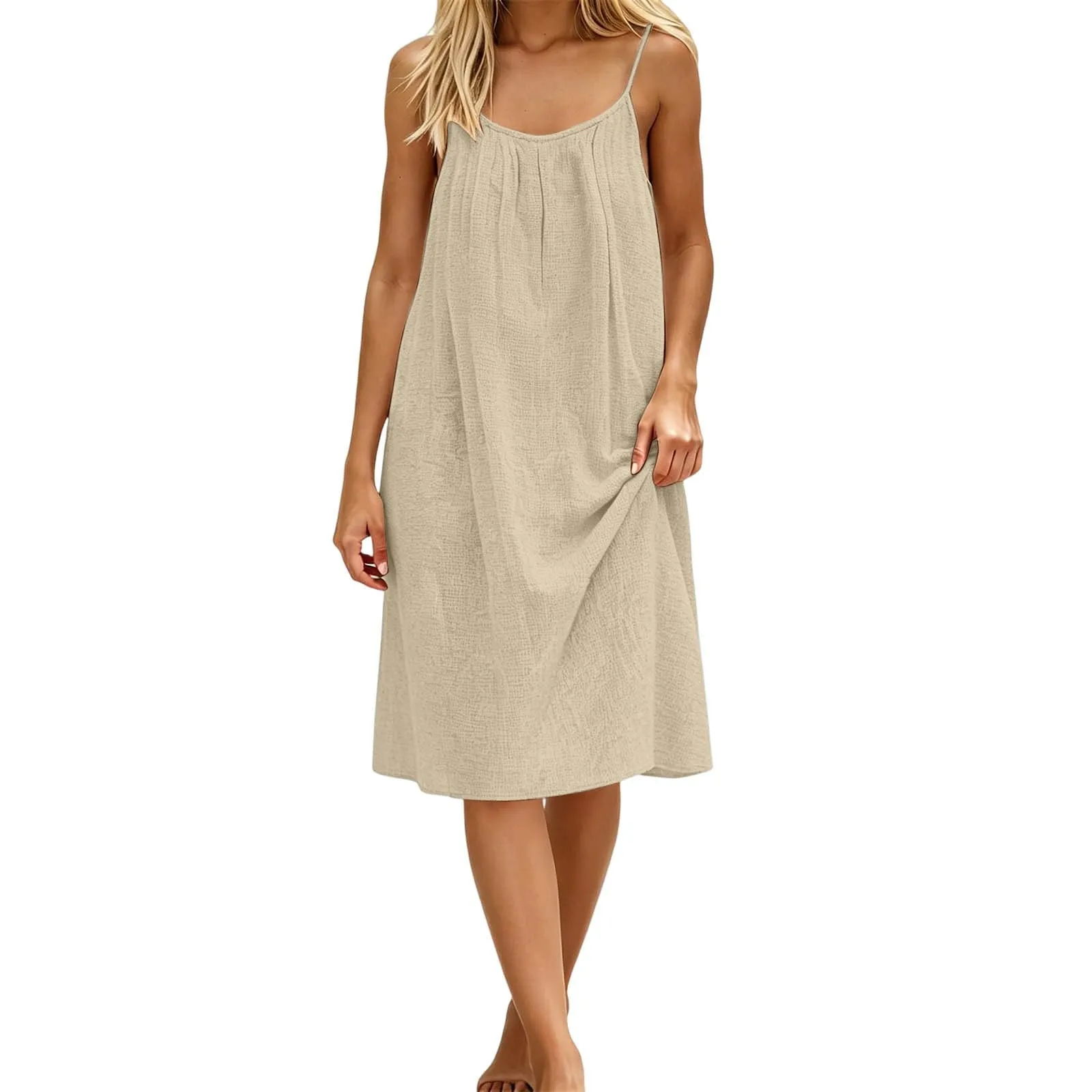Generico Vestito Lungo Estivo Donna Senza Maniche, Beige - immagine 5