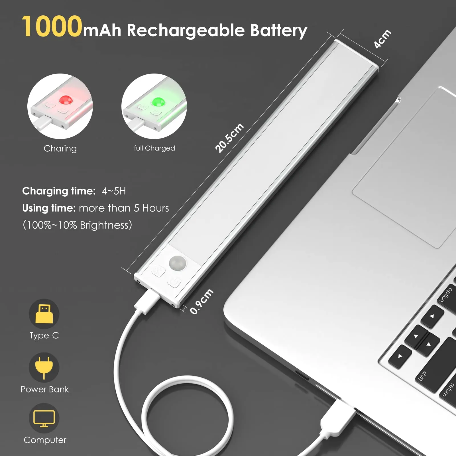 OUILA Luce Armadio LED con Sensore di Movimento, 20.5cm, 3000K, Ricaricabile USB Type-C, 2 Pezzi - immagine 5