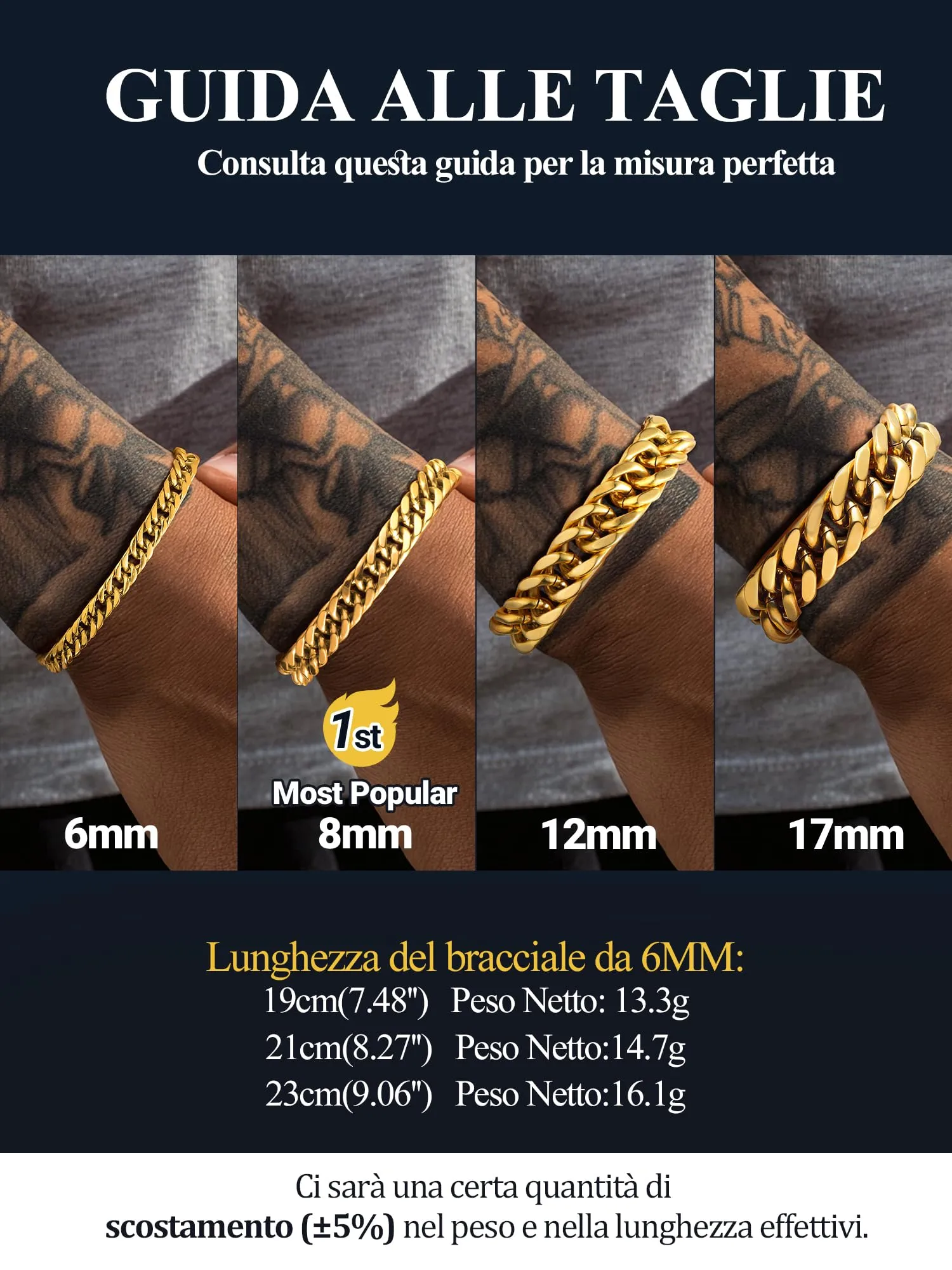 PROSTEEL Bracciale da Uomo in Acciaio Inox Catena Cubana Ritorta, Oro, 6mm x 21cm - immagine 3