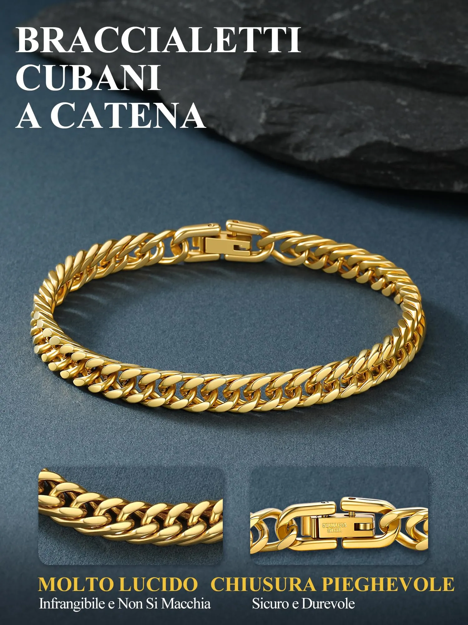 PROSTEEL Bracciale da Uomo Catena Cubana Ritorta Oro, 6mm x 23cm - immagine 6