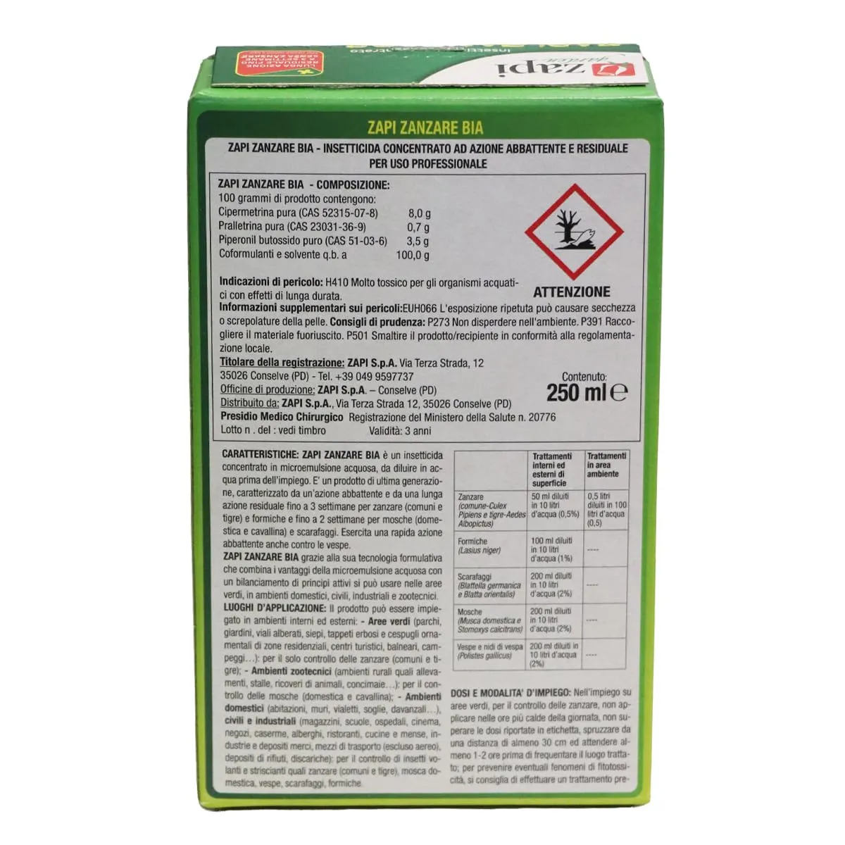 Zapi Zanzare Bia Verde Insetticida Concentrato per Esterno, 250 ml - immagine 2