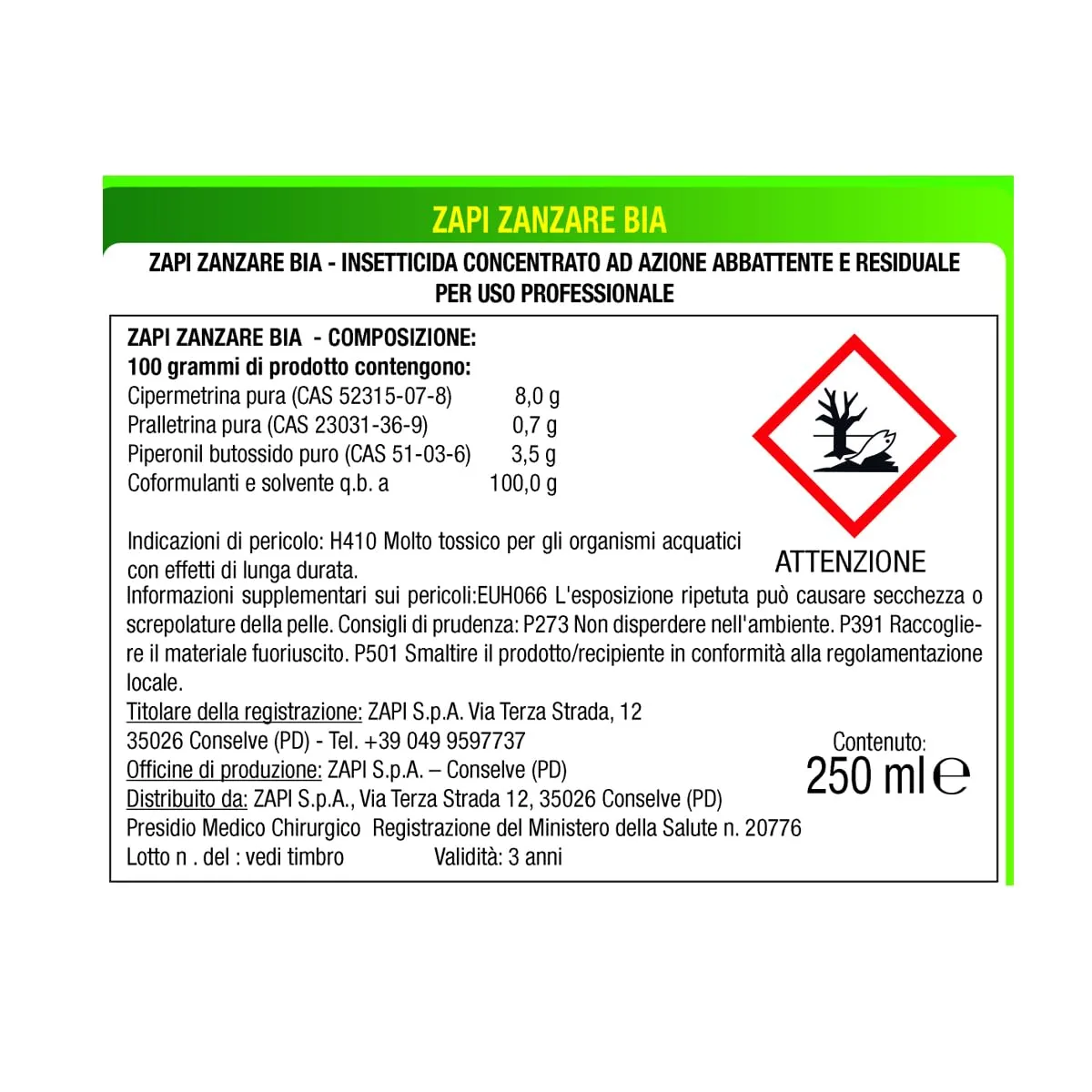 Zapi Zanzare Bia Verde Insetticida Concentrato per Esterno, 250 ml - immagine 5