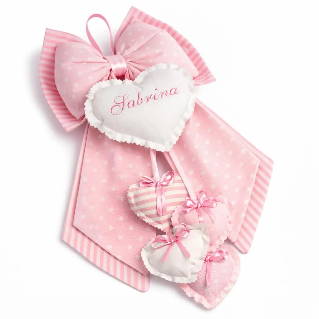 ZAIRISE Fiocco Nascita Personalizzato con Nome, 52 x 35 cm, Pois Rosa, 100% Cotone - immagine 2