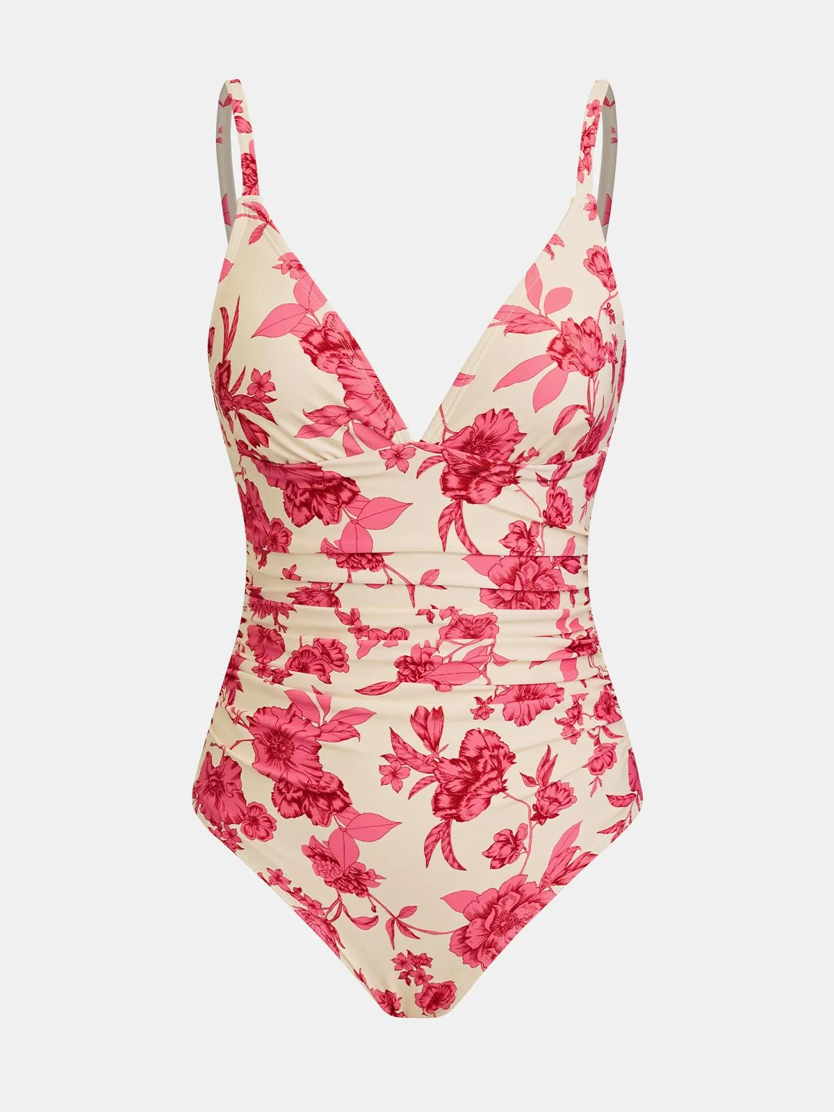 CUPSHE Costume da bagno intero da donna con scollo a V, Crema/Rosa Floreale, S - immagine 5