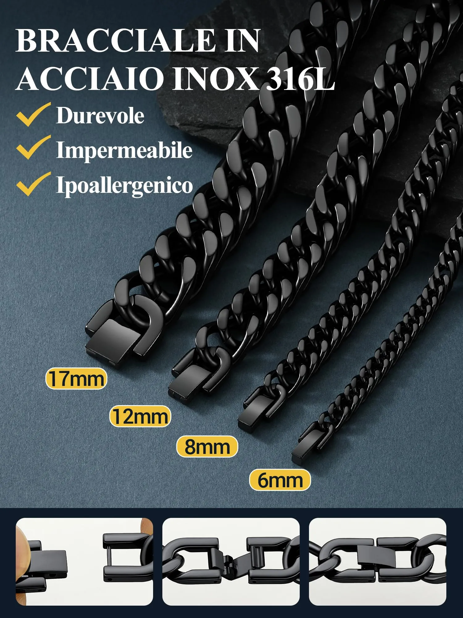 PROSTEEL Bracciale da Uomo Catena Cubana Ritorta, 6mm x 21cm, Nero - immagine 3