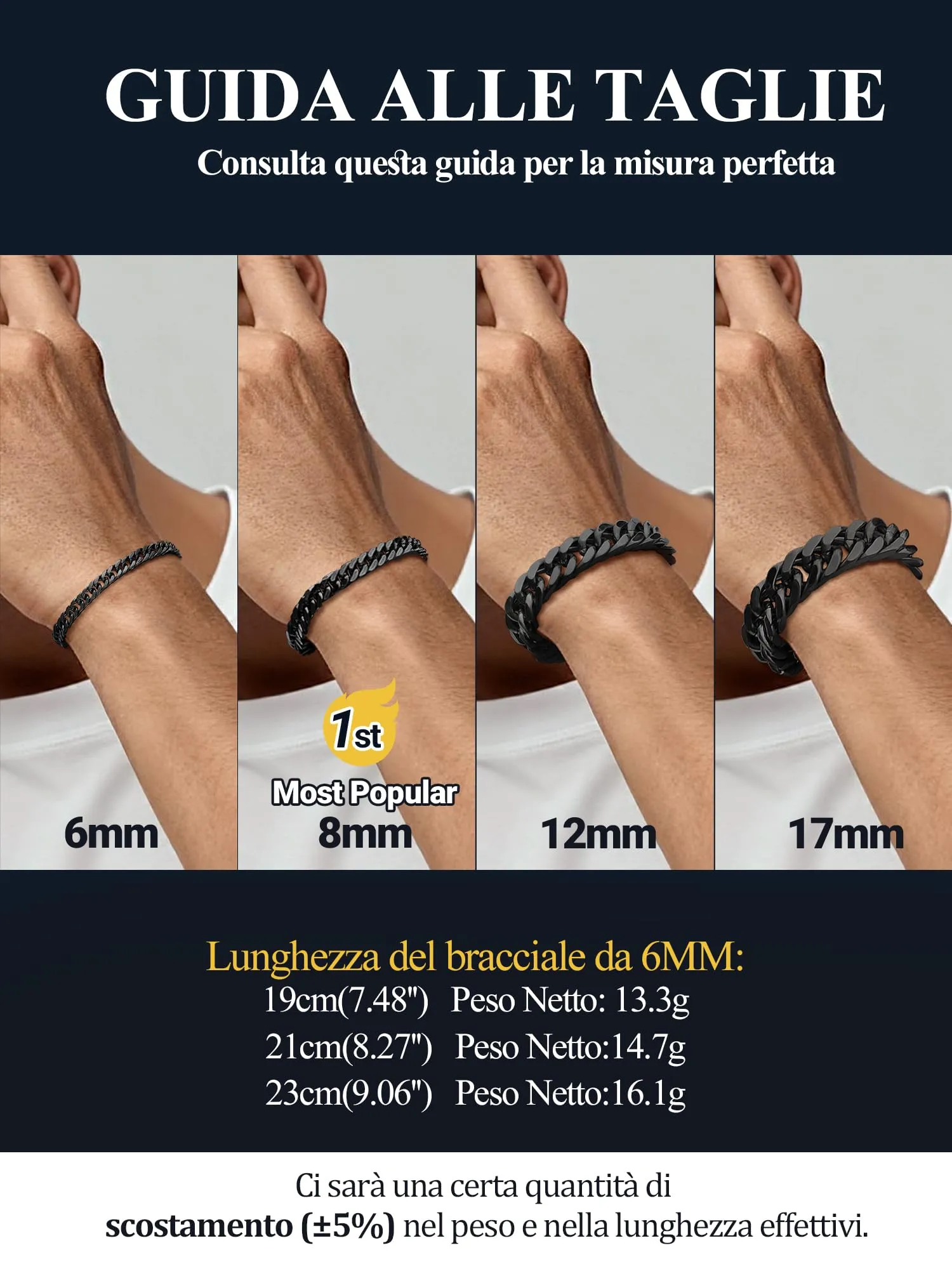 PROSTEEL Bracciale da Uomo Catena Cubana Ritorta, 6mm x 19cm, Nero - immagine 5