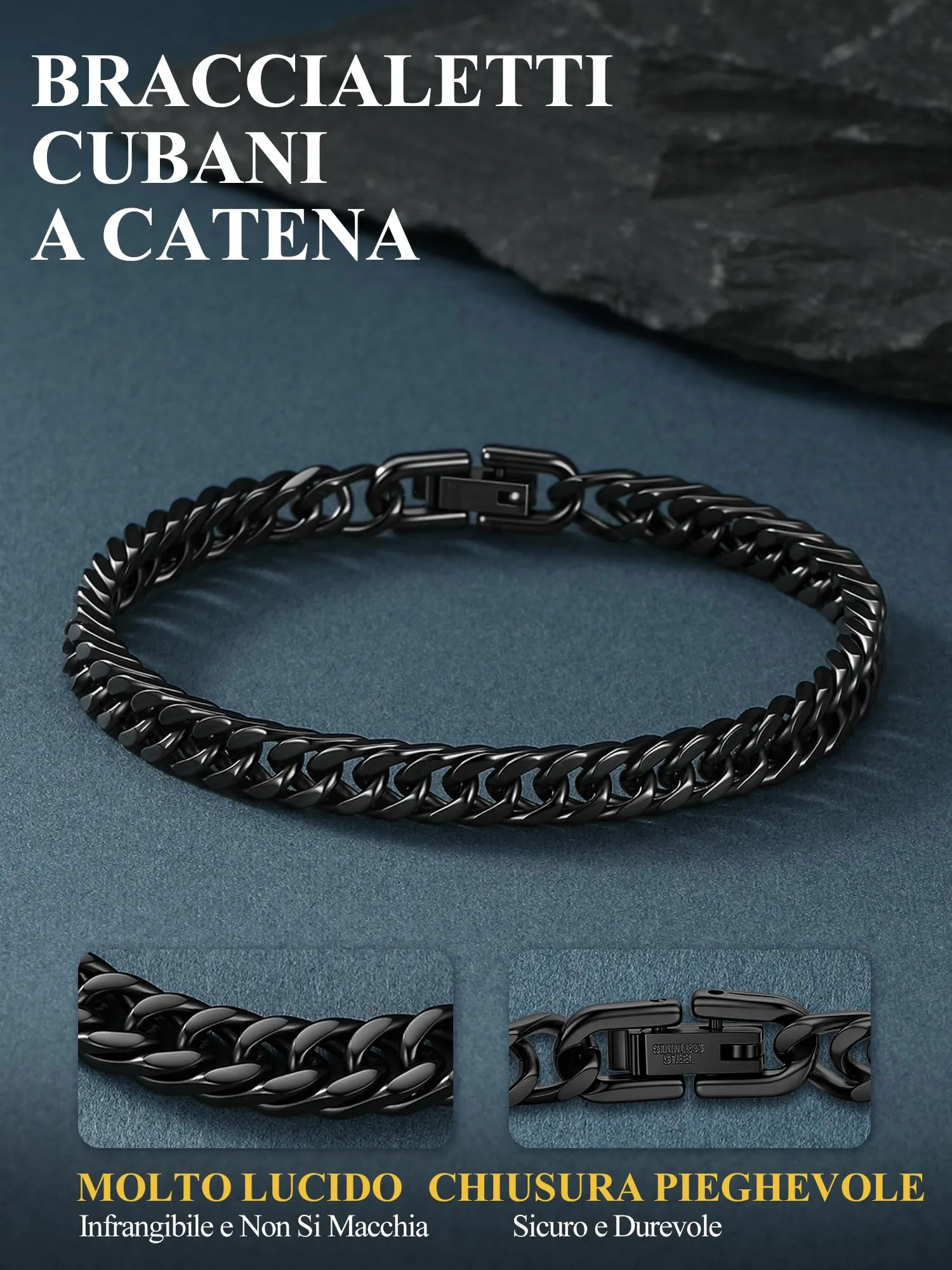 PROSTEEL Bracciale da Uomo Catena Cubana Ritorta, 6mm x 19cm, Nero - immagine 6