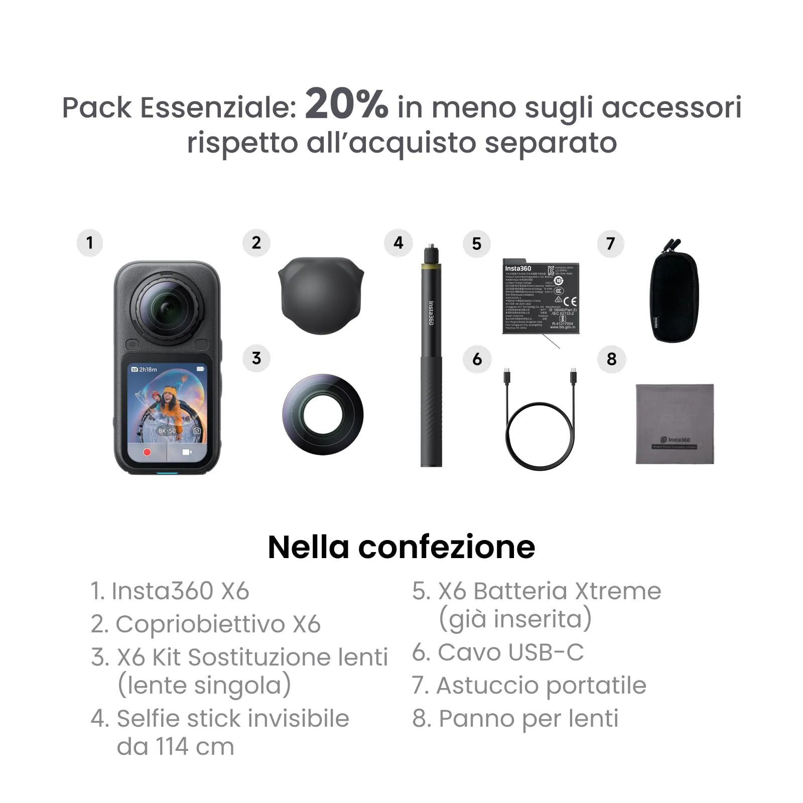 Insta360 X6 Pack Essenziale - Action Cam 360 8K con Sensori da 1/1,1’’ - immagine 3