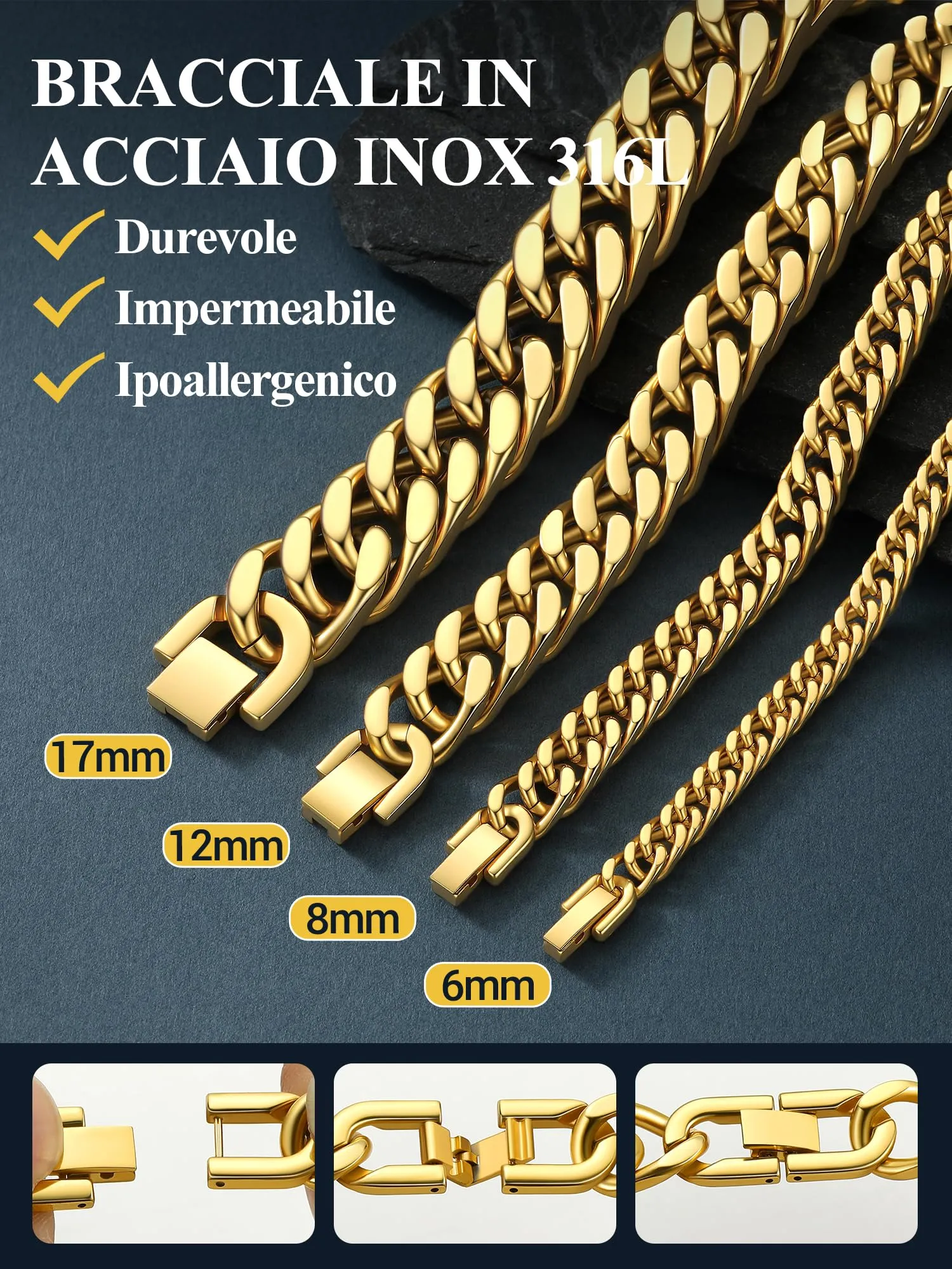 PROSTEEL Bracciale da Uomo in Acciaio Inox, Catena Cubana Ritorta, Oro, 6mm x 19cm - immagine 5