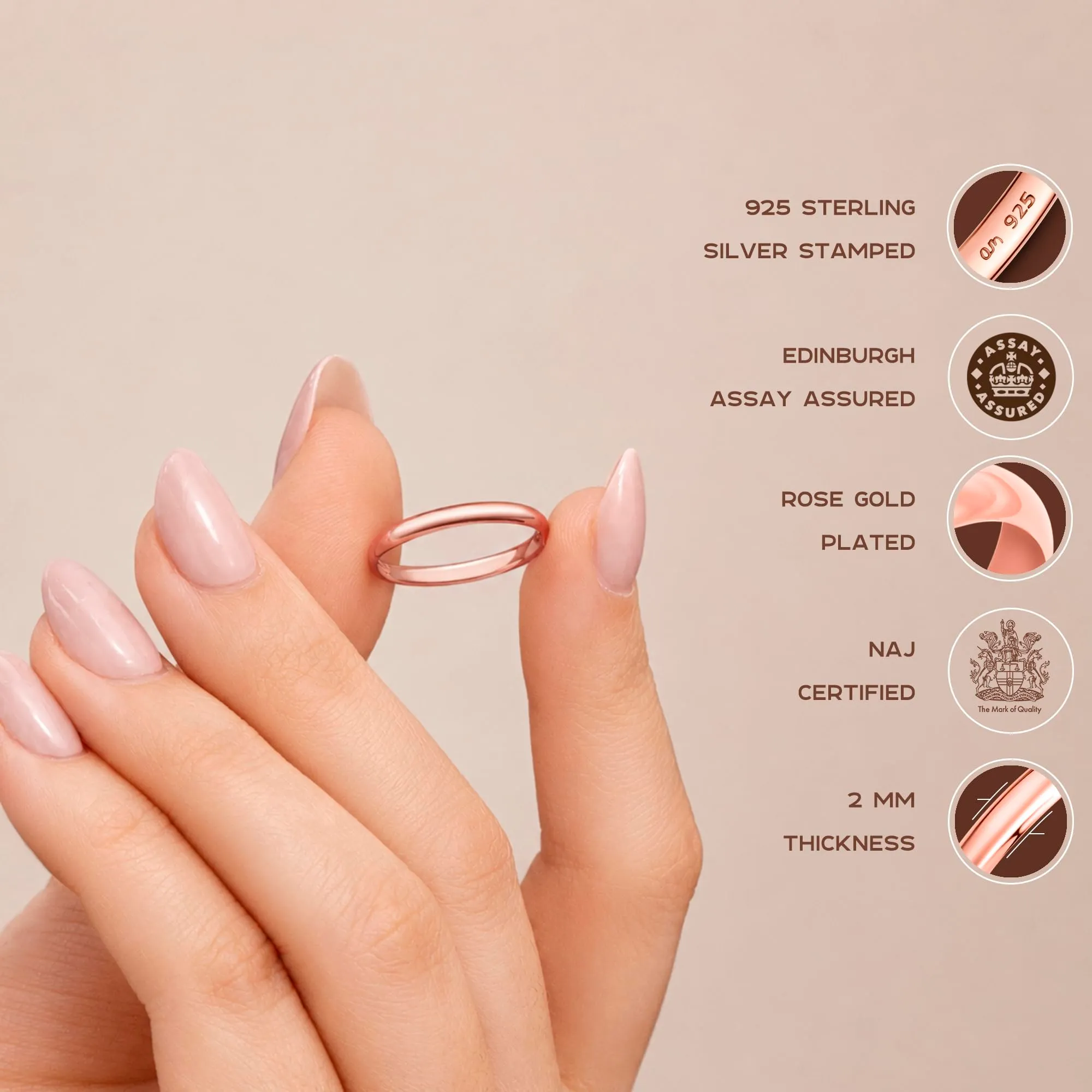Amberta Fede Nuziale in Argento Sterling 925 Placcato Oro Rosa, 2 mm Misura 16 - immagine 5