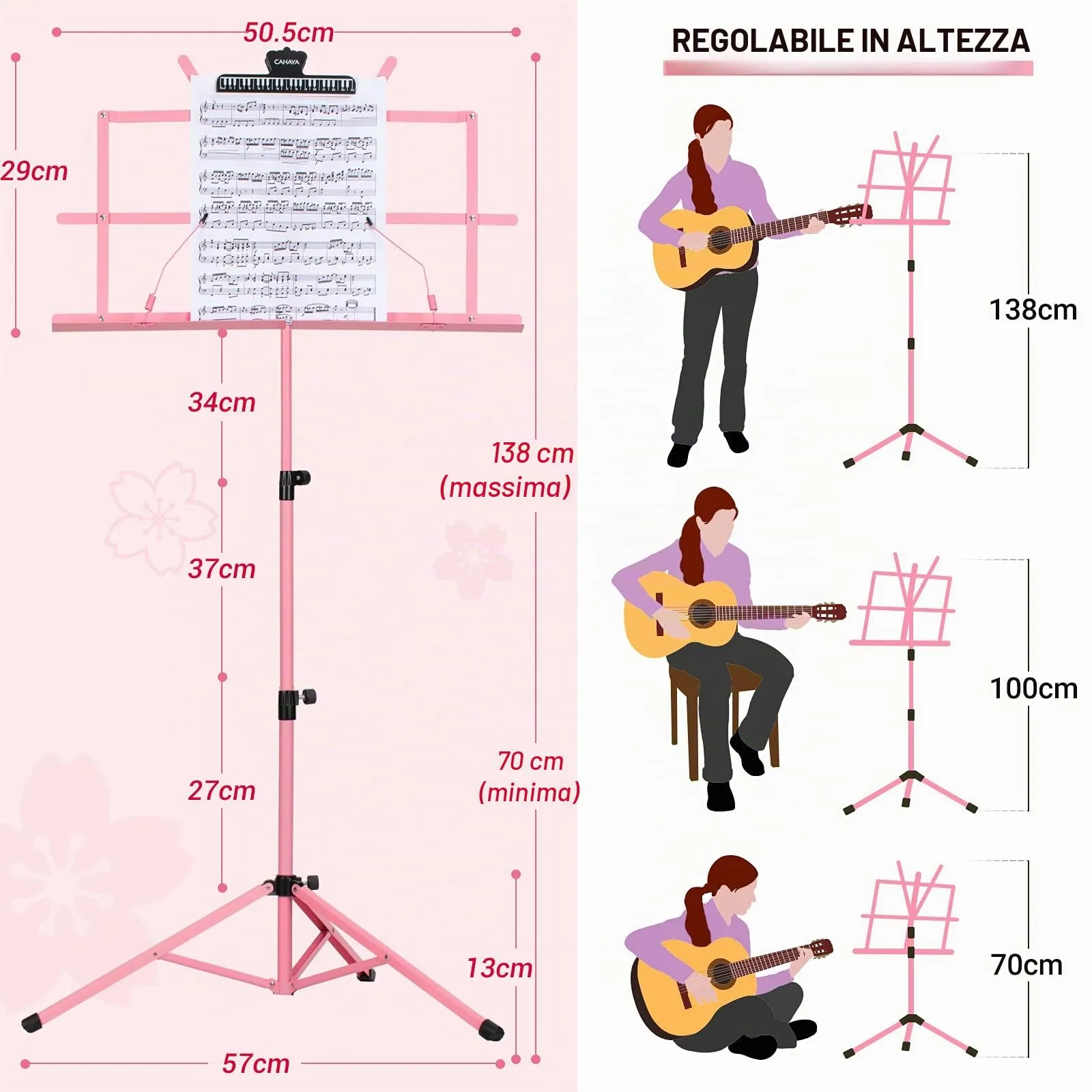 CAHAYA 2-in-1 Leggio Musicale e Supporto da Tavolo Pieghevole, Altezza Regolabile 70-138cm, Rosa Modello CY0204-1 - immagine 4