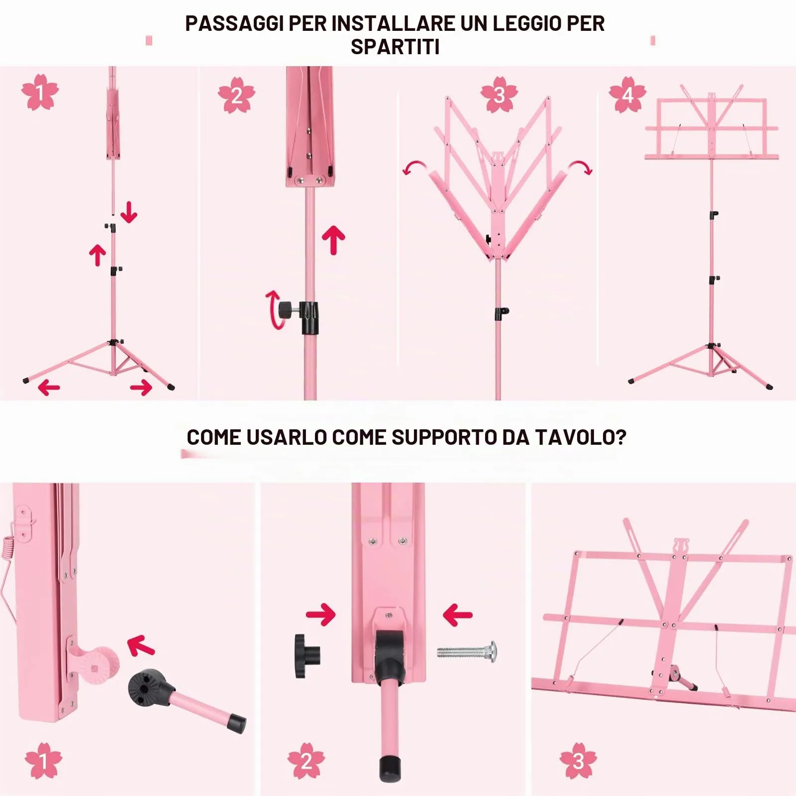 CAHAYA 2-in-1 Leggio Musicale e Supporto da Tavolo Pieghevole, Altezza Regolabile 70-138cm, Rosa Modello CY0204-1 - immagine 5