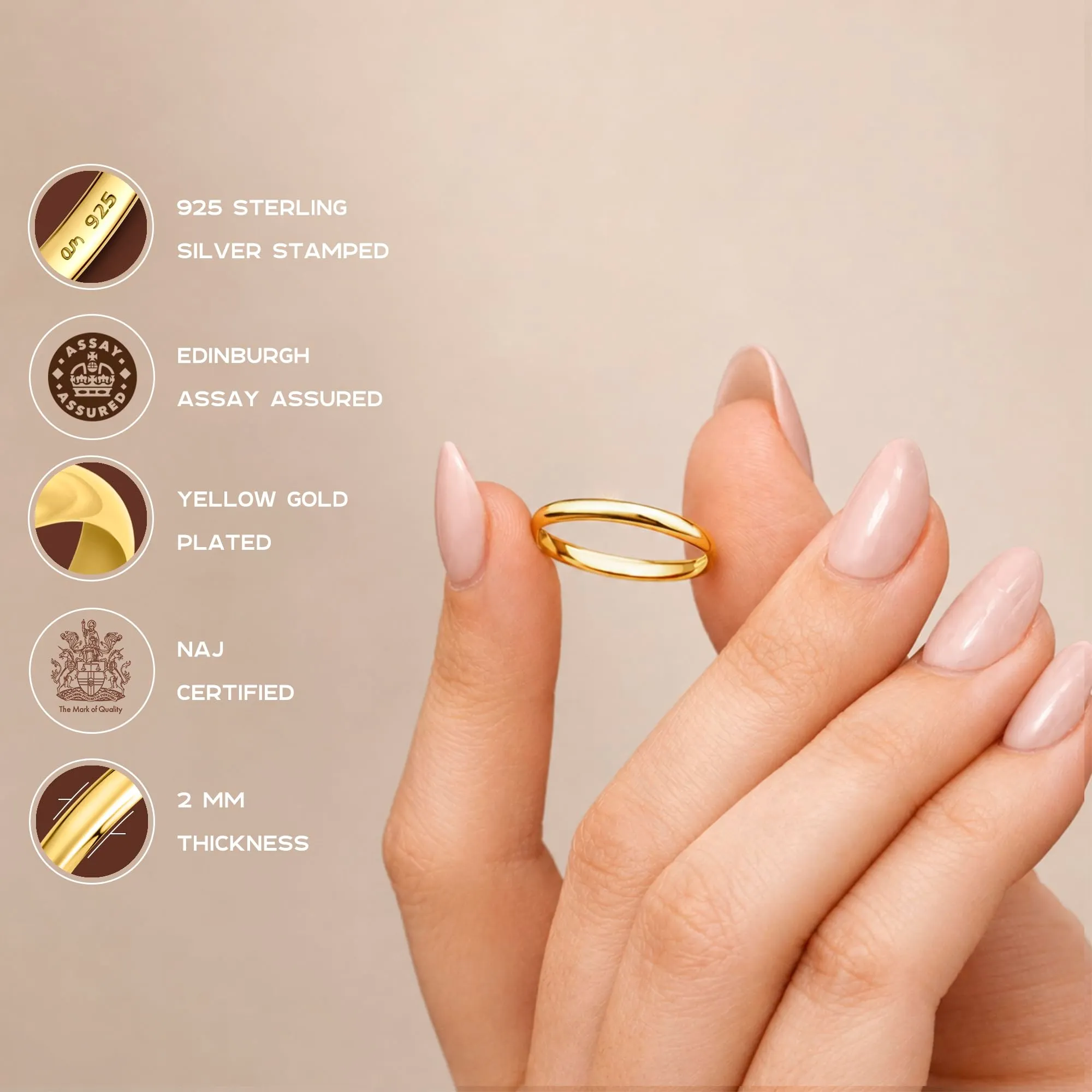 Amberta Fede Nuziale in Argento Sterling 925 Placcato Oro, 2 mm, Misura 19 - immagine 5