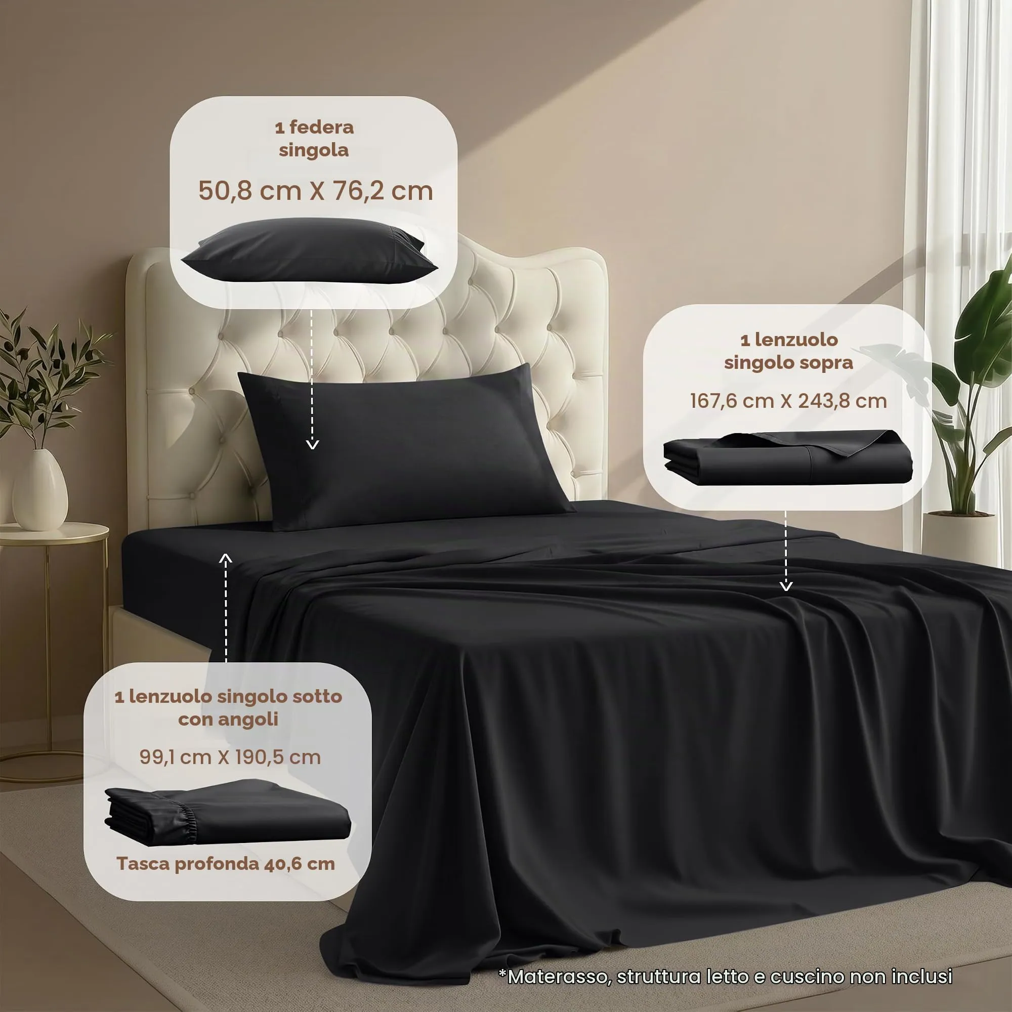 Utopia Bedding Set di lenzuola in microfibra spazzolata, 3 pezzi, Nero - immagine 2